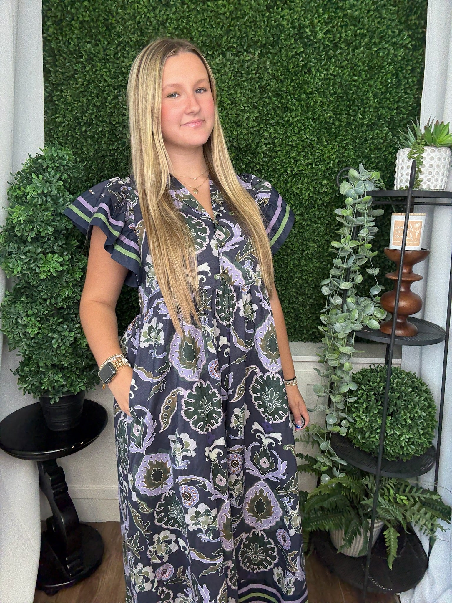 MULTI PRINT MIDI DRESS W/FLUTTER SLEEVES - NAVY