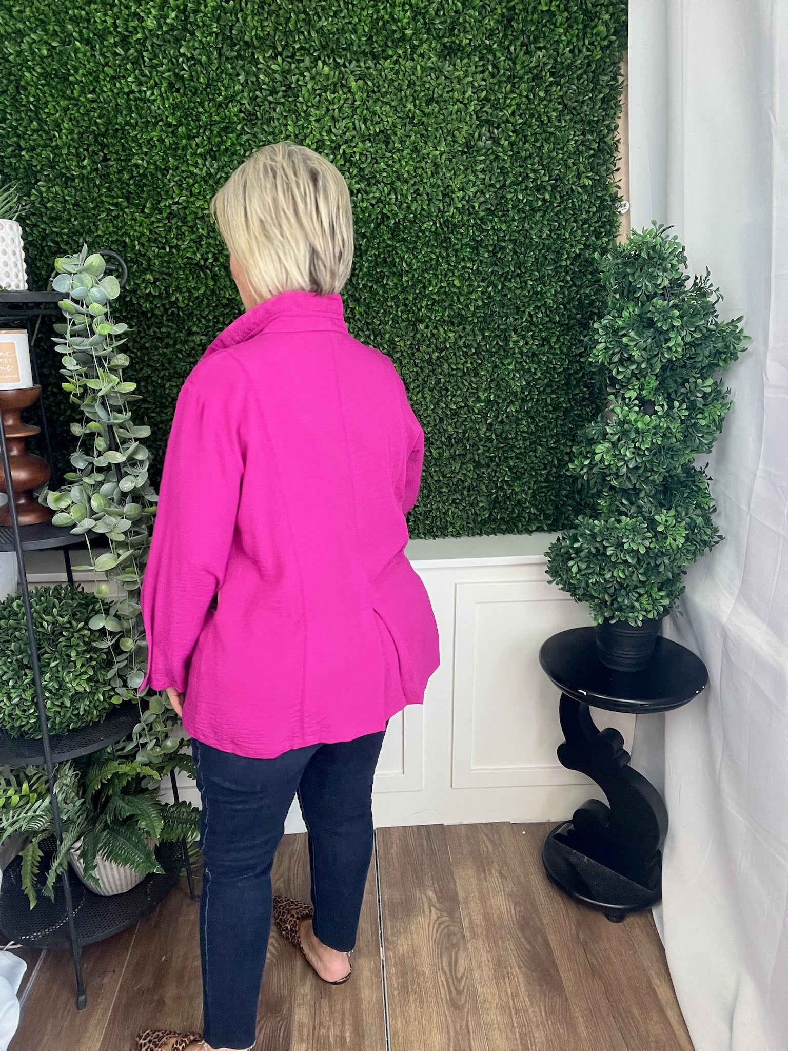 WOVEN BUTTON FRONT TUNIC 3/4 SLEEVE - MAGENTA