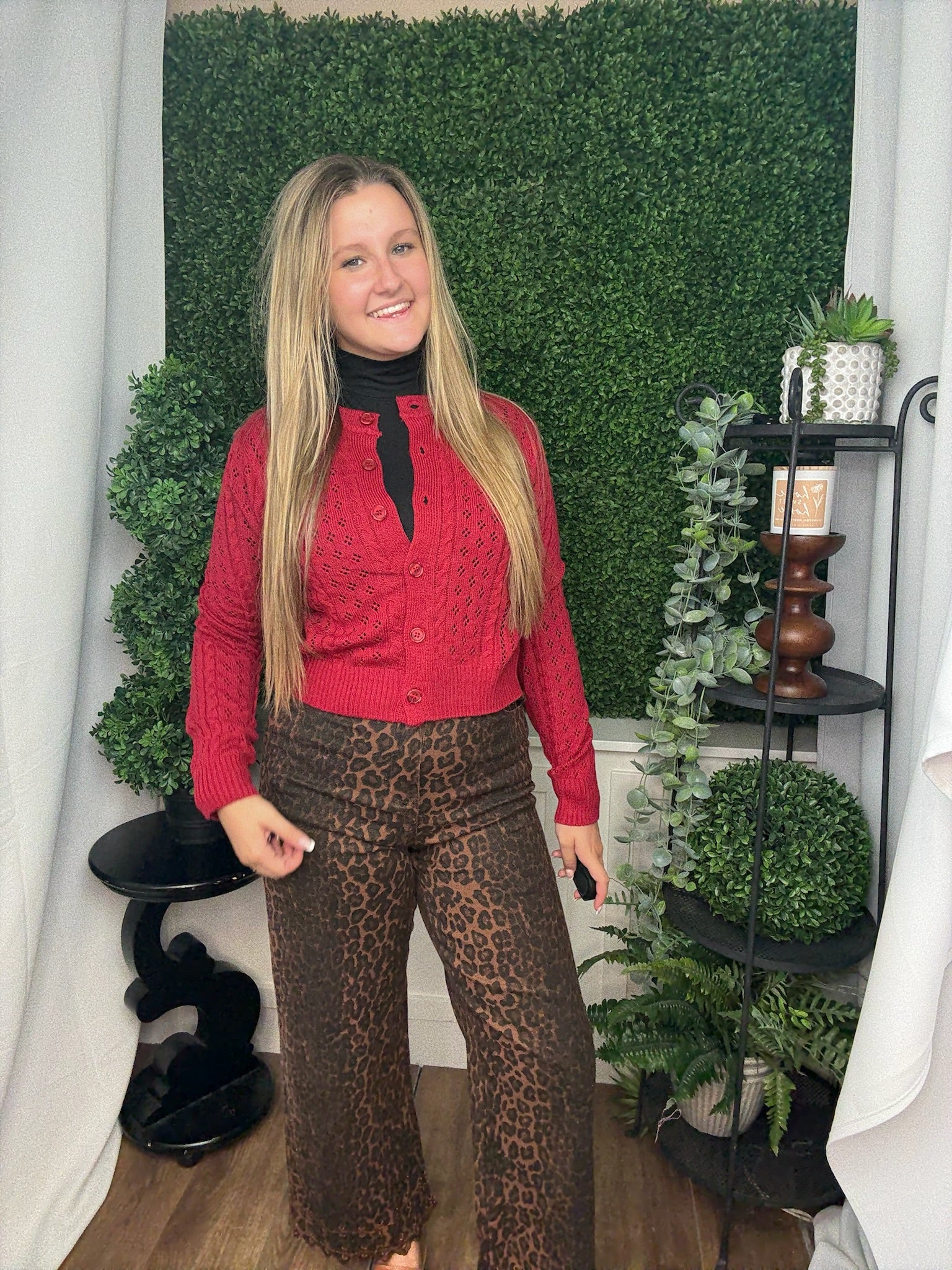 SHEER CABLE KNIT LS BUTTON DOWN CARDIGAN - DEEP RED