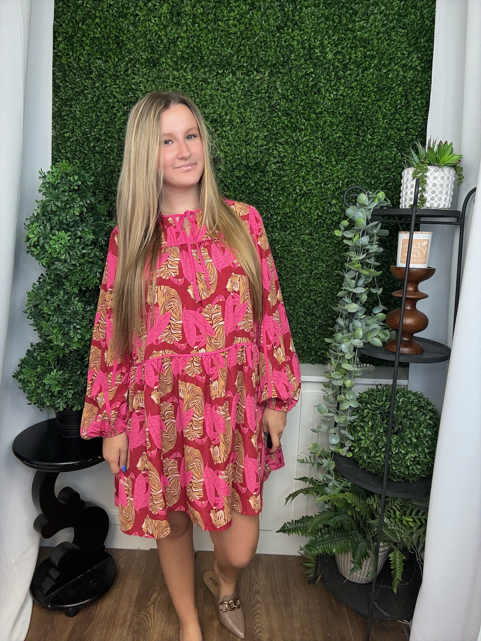 ANIMAL PRINTED WOOL TIERED DRESS - RASPBERRY