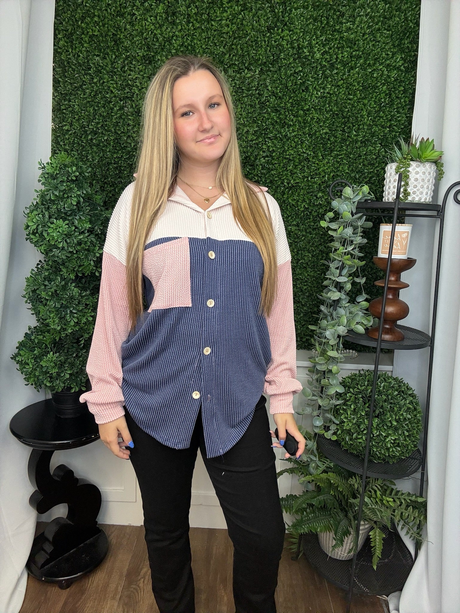 HANSEN COLOR BLOCK SHACKET - OATMEAL/PEACH/NAVY