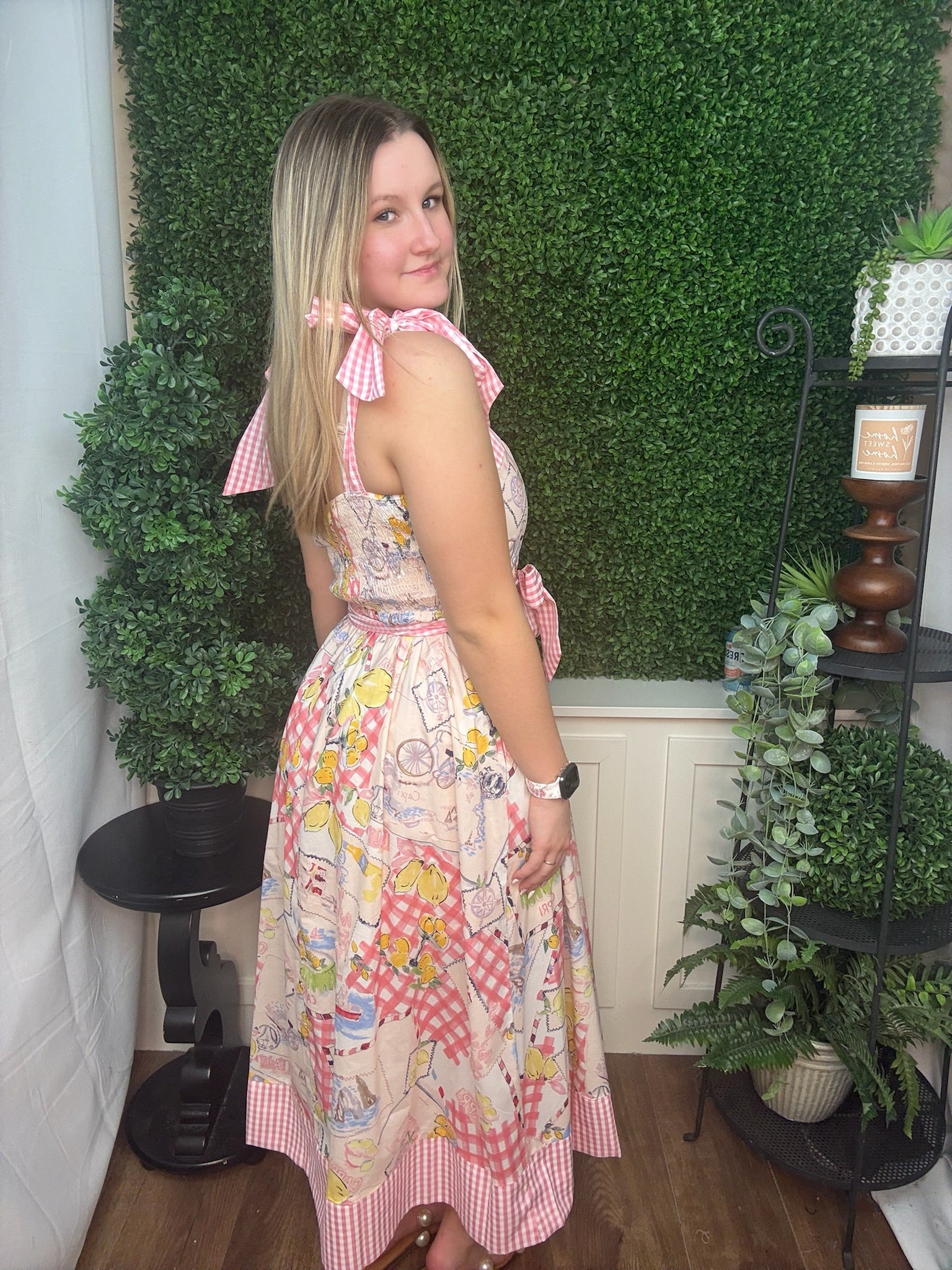 Gingham Tie Strap Printed Midi Dress