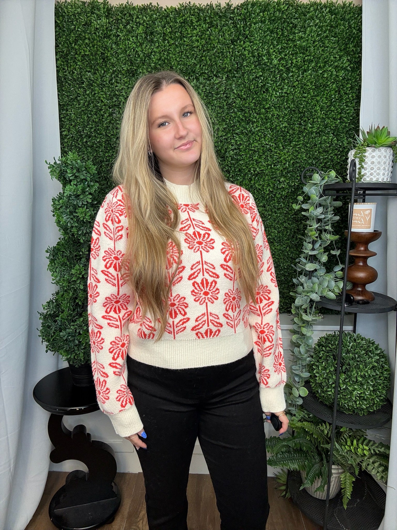 FLORAL PATTERN KNIT SWEATER - TANGERINE TANGO