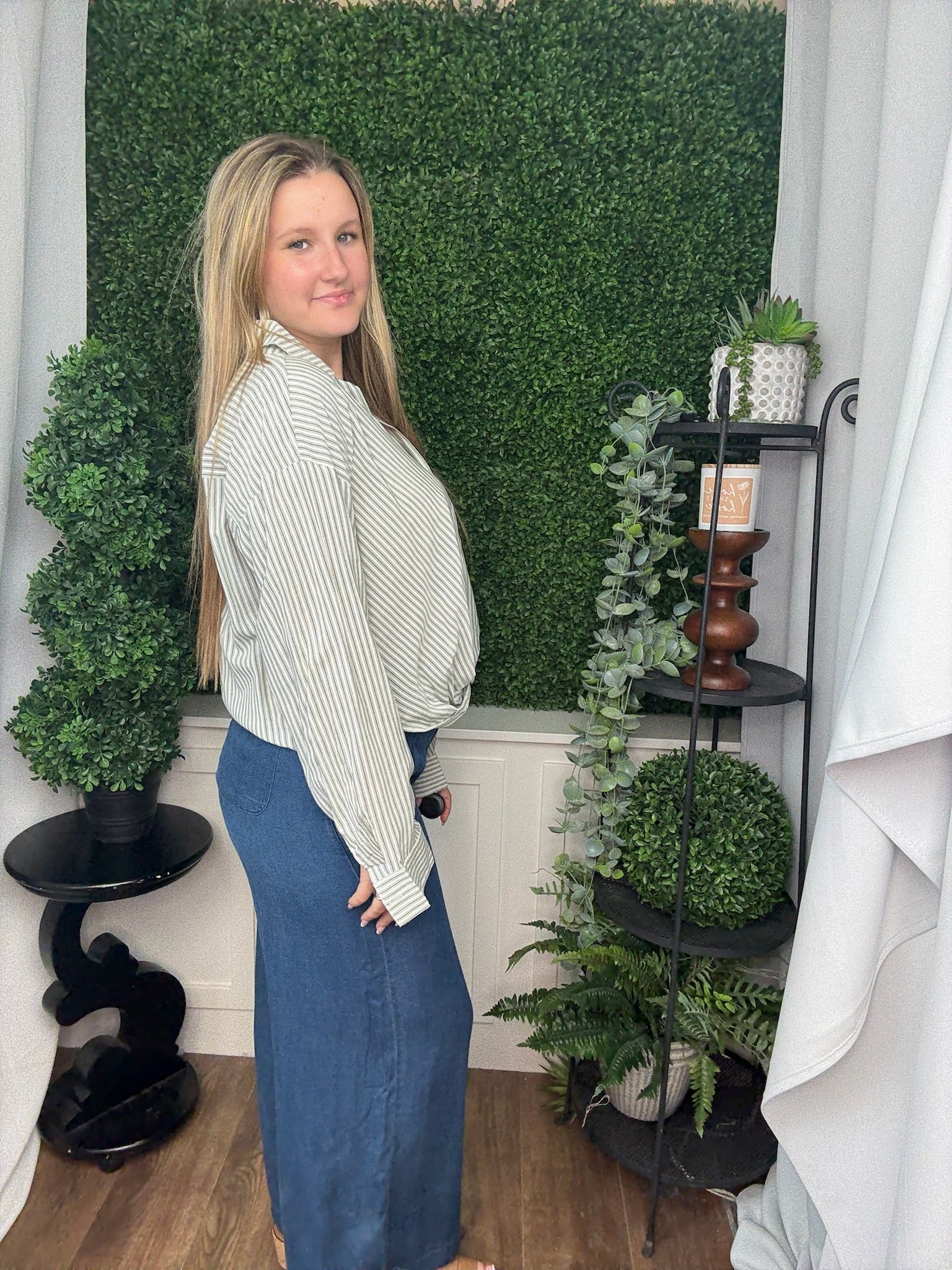 STRIPE TWISTED BUTTON-UP BLOUSE - GREEN/WHITE