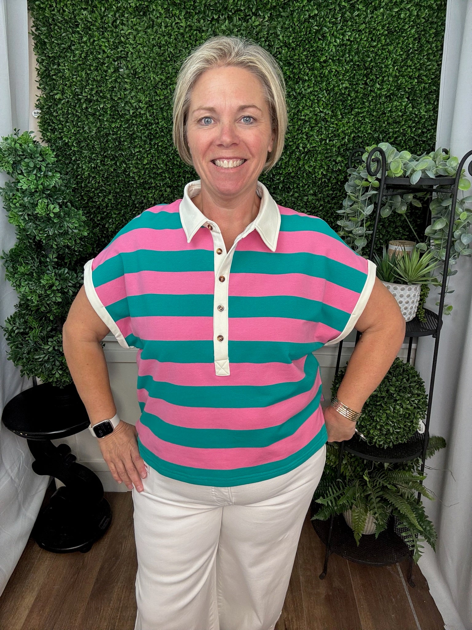 Striped Polo Knit Top with Contrast Collar