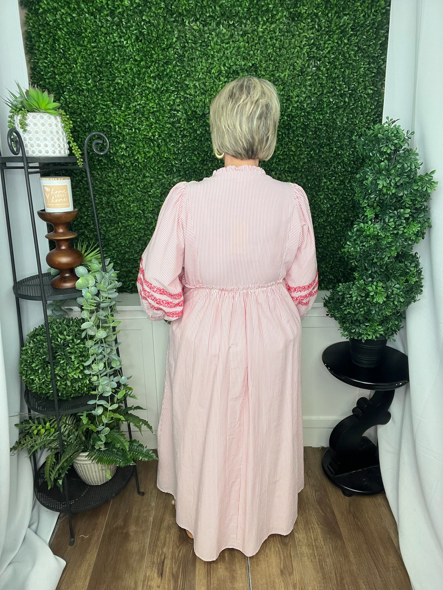 EMBROIDERED STRIPE MIDI DRESS - HOT PINK