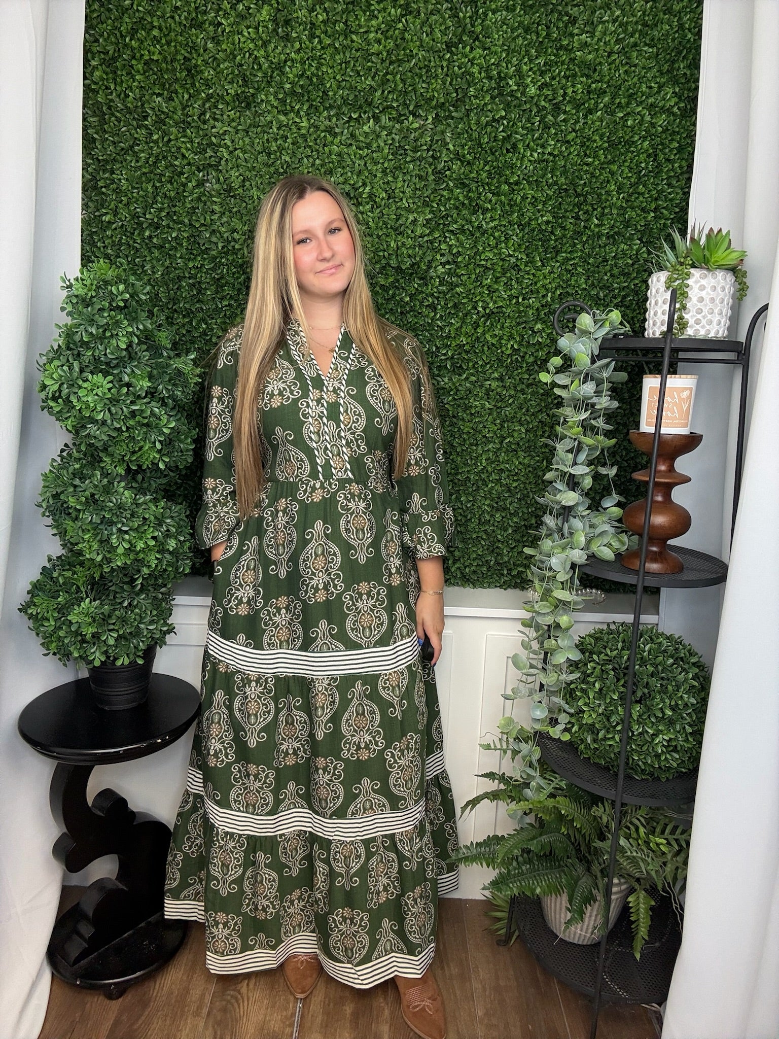 3/4 RUFFLE BELL SLEEVE WOVEN PRINT TIERED MAXI DRESS - OLIVE