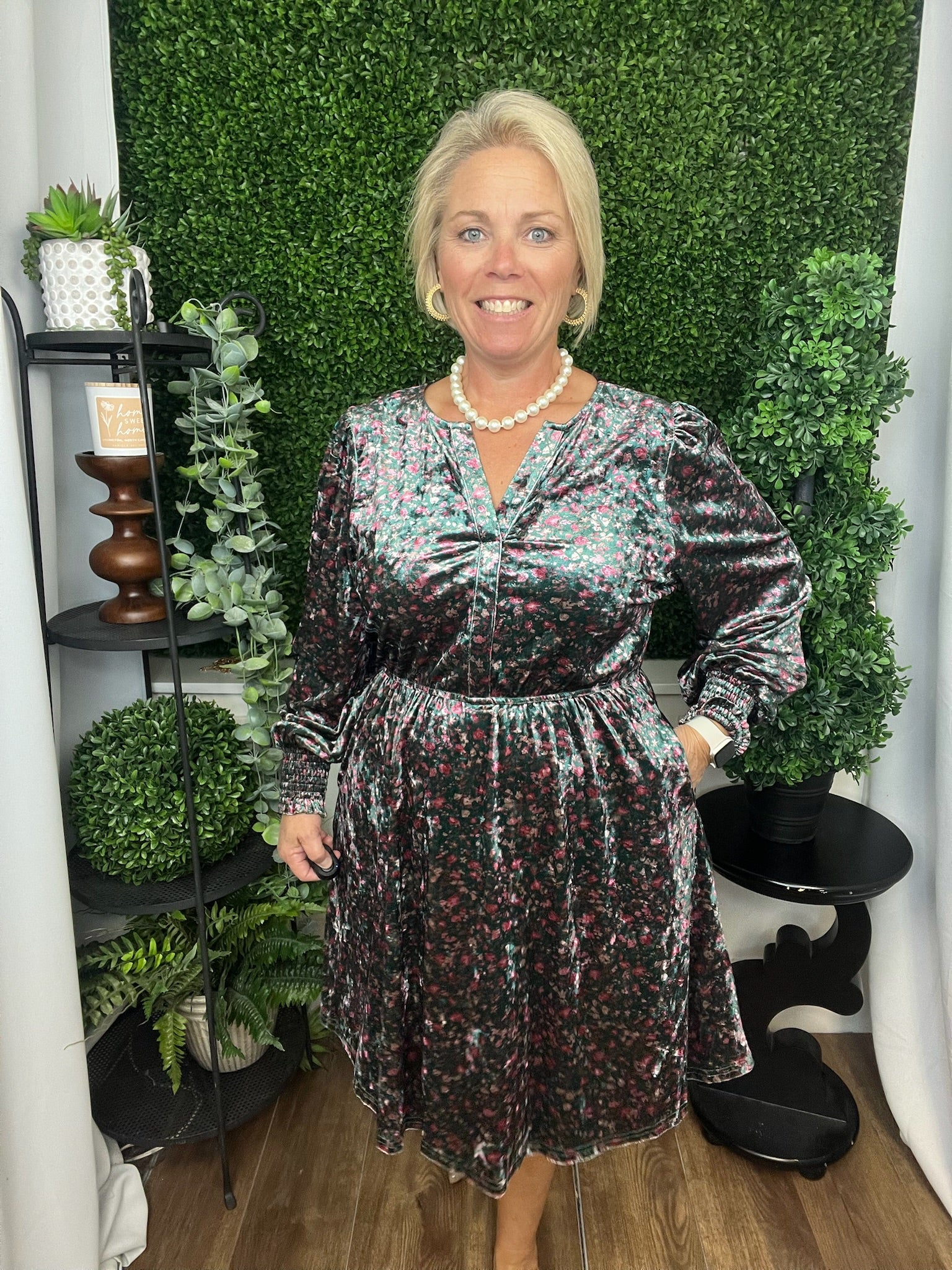 SPLIT VNECK SMOCKED HEM LS DRESS - H. GREEN