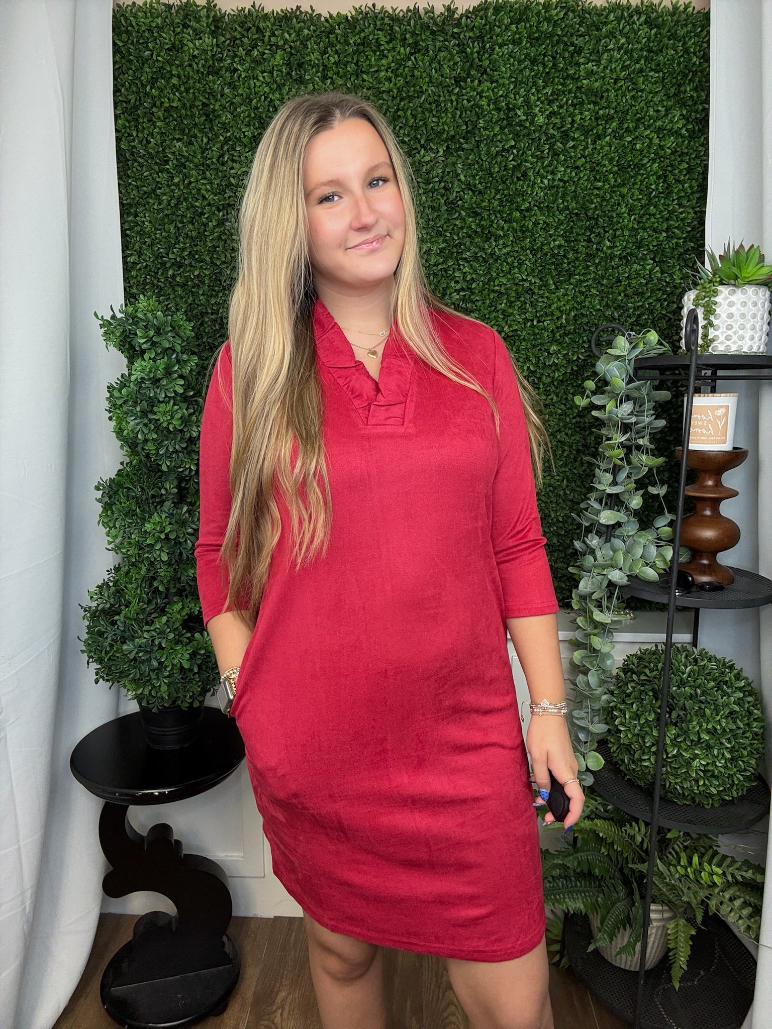 JULIET RUFFLE NECK DRESS - CHERRY RED