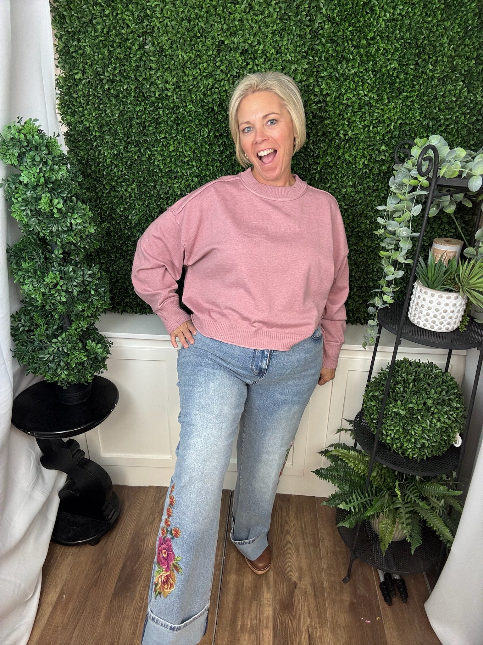 WIDE LEG JEAN WITH EMBROIDERY AND FOLDOVER CUFF - LIGHT INDIGO