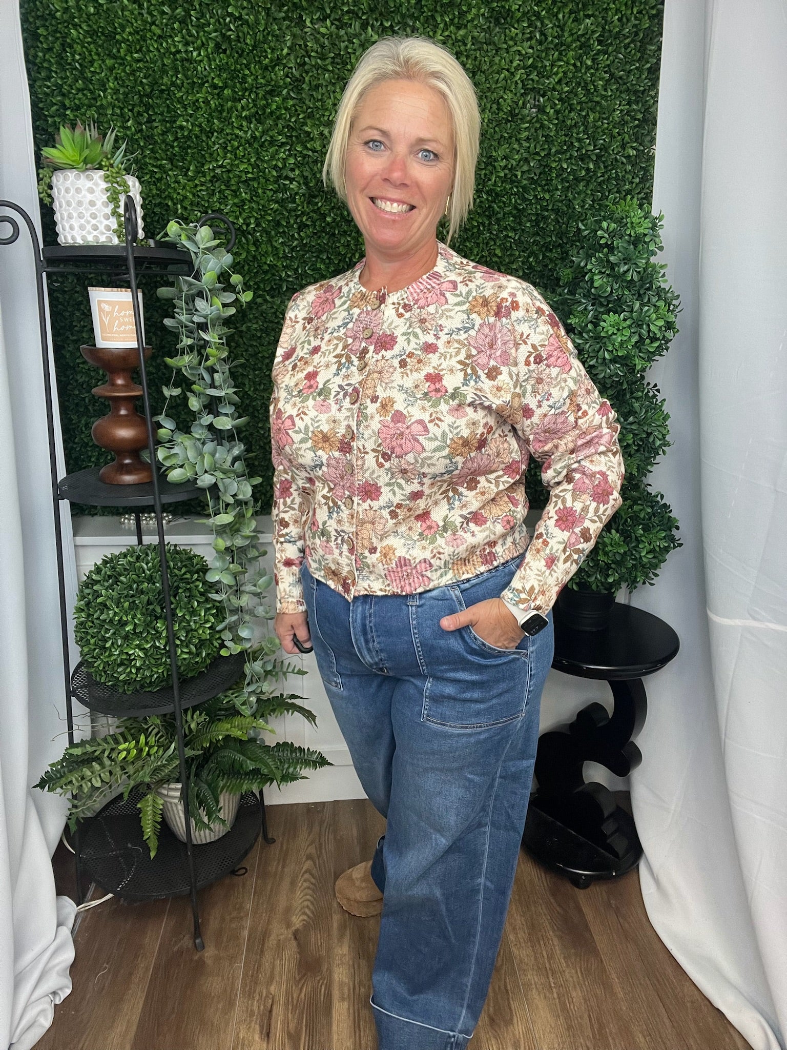 FLORAL PRINT BUTTON FRONT SWEATER CARDIGAN TOP - CLAY ROSE