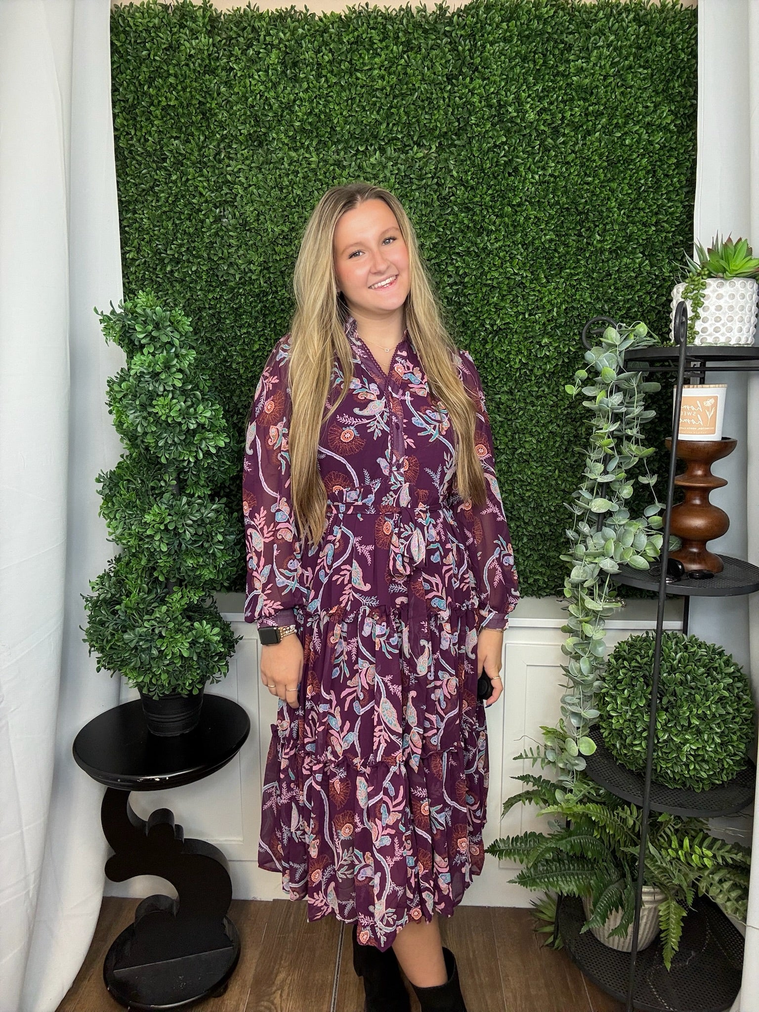 PAISLEY PRINT COLLAR NECK DRESS - PLUM