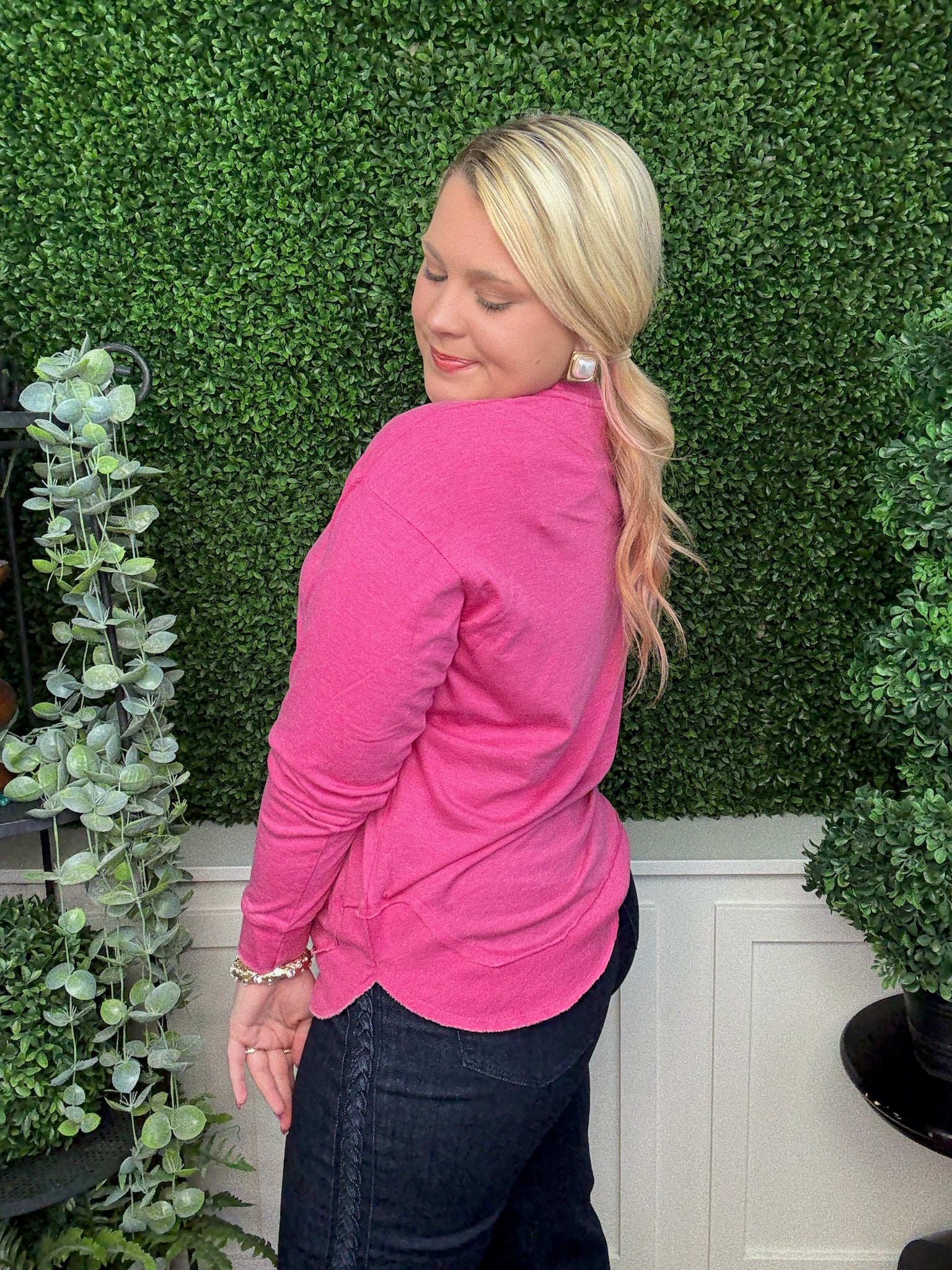 VINTAGE WASH LONG SLEEVE PONCHO TOP - RASPBERRY