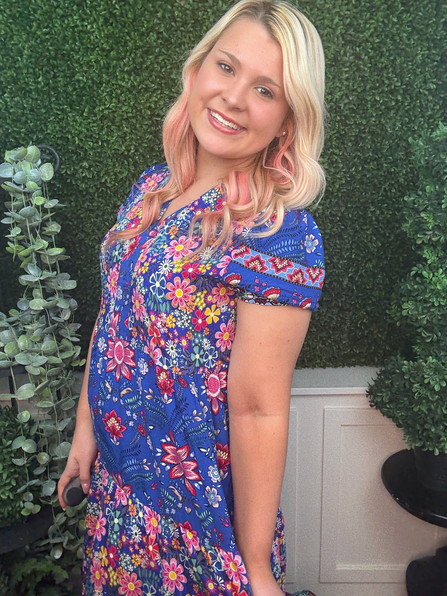 MIXED PRINT TIERED MIDI DRESS - COBALT MIX