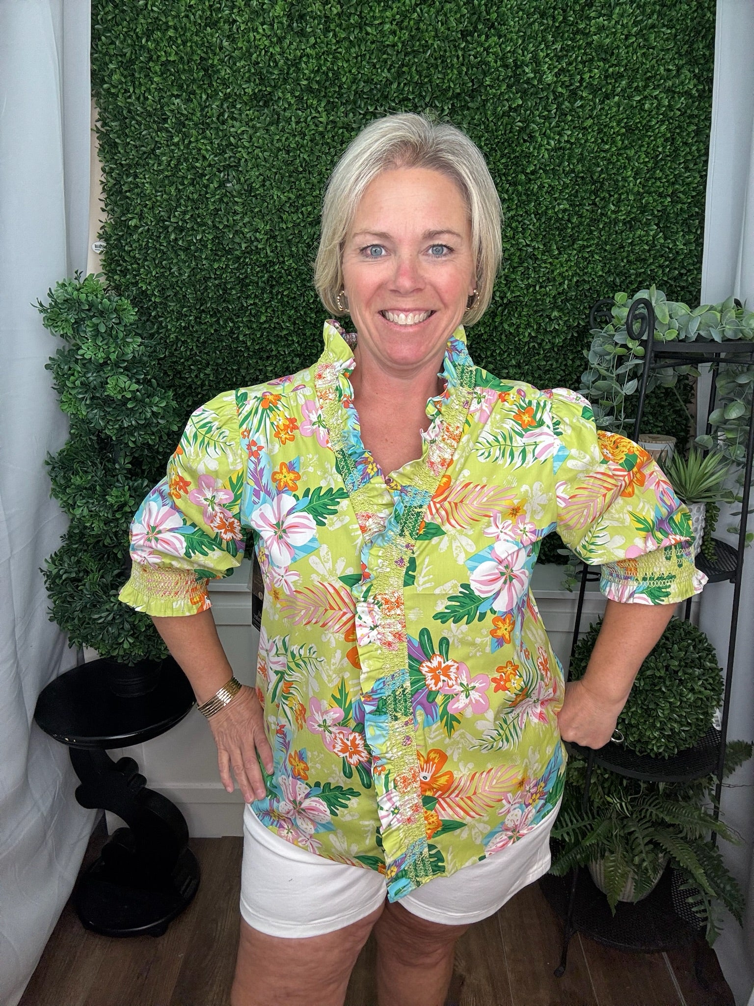 WOVEN BUTTON FRONT, RUFFLE NECKLINE, 3/4 RUFFLE SLEEVES TOP - FLORAL MULTI