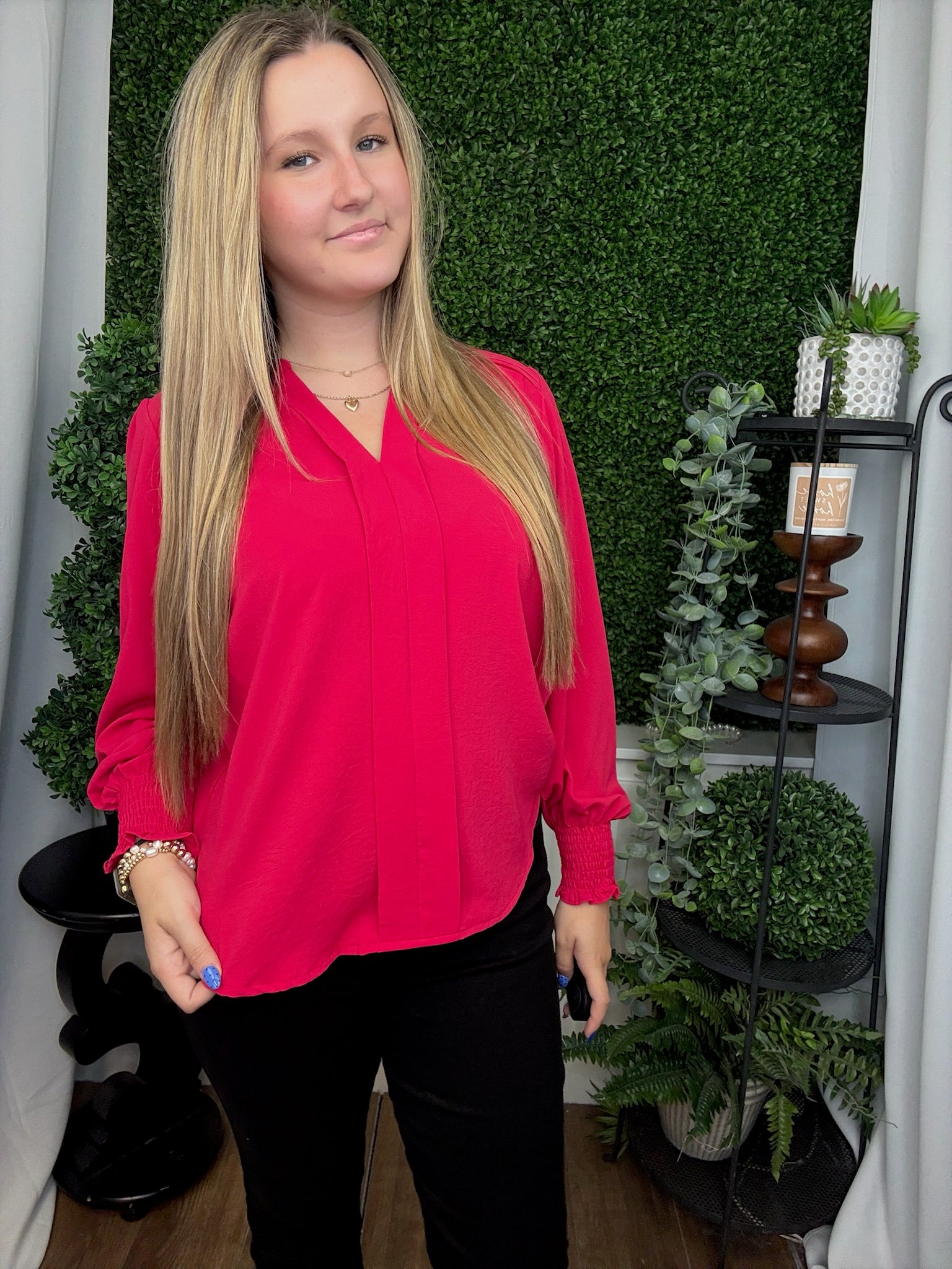 LONG SMOCKED SLEEVE FRONT PLEATS TOP