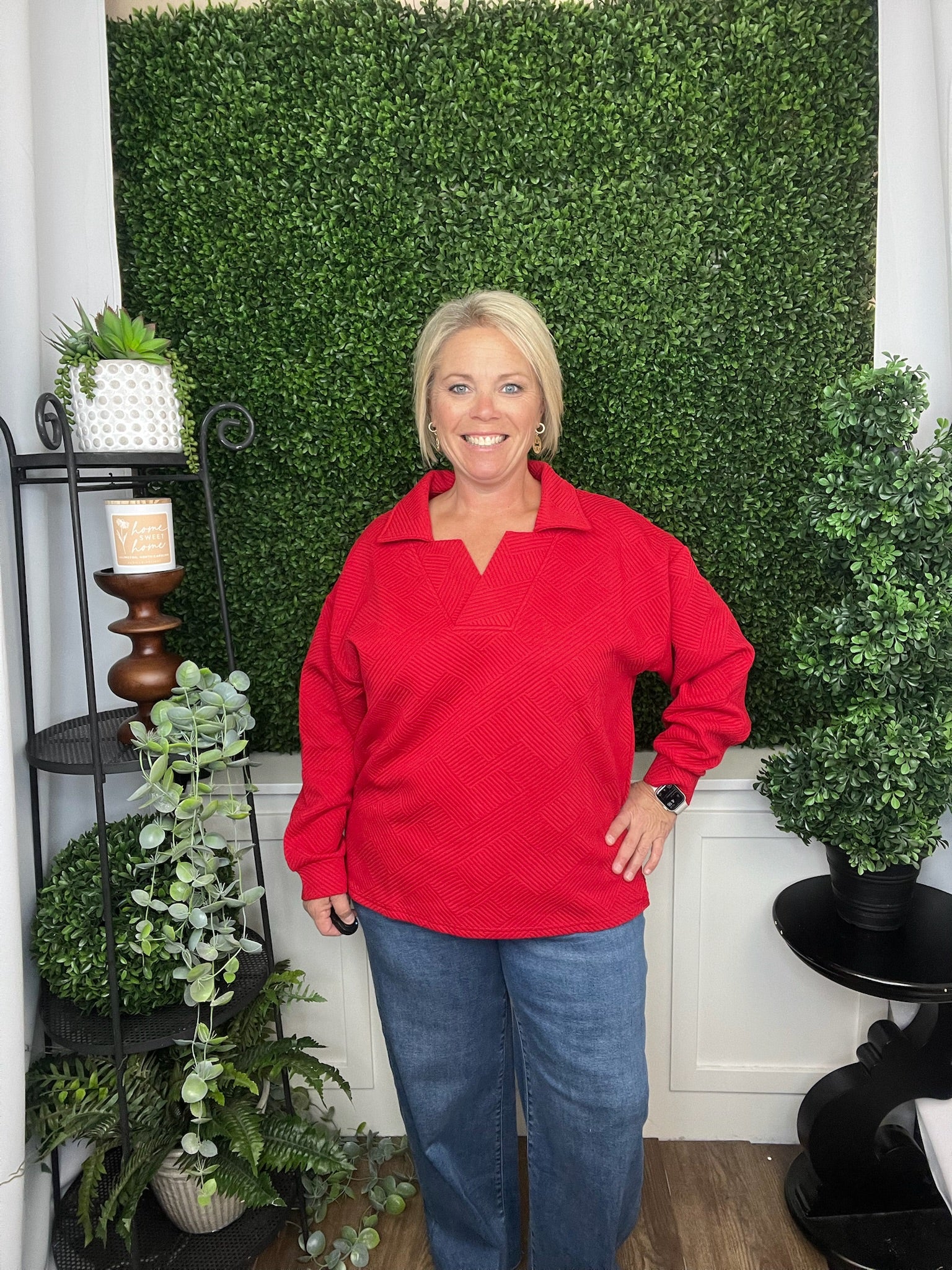 LS TEXTURED COLLARED TOP - RED