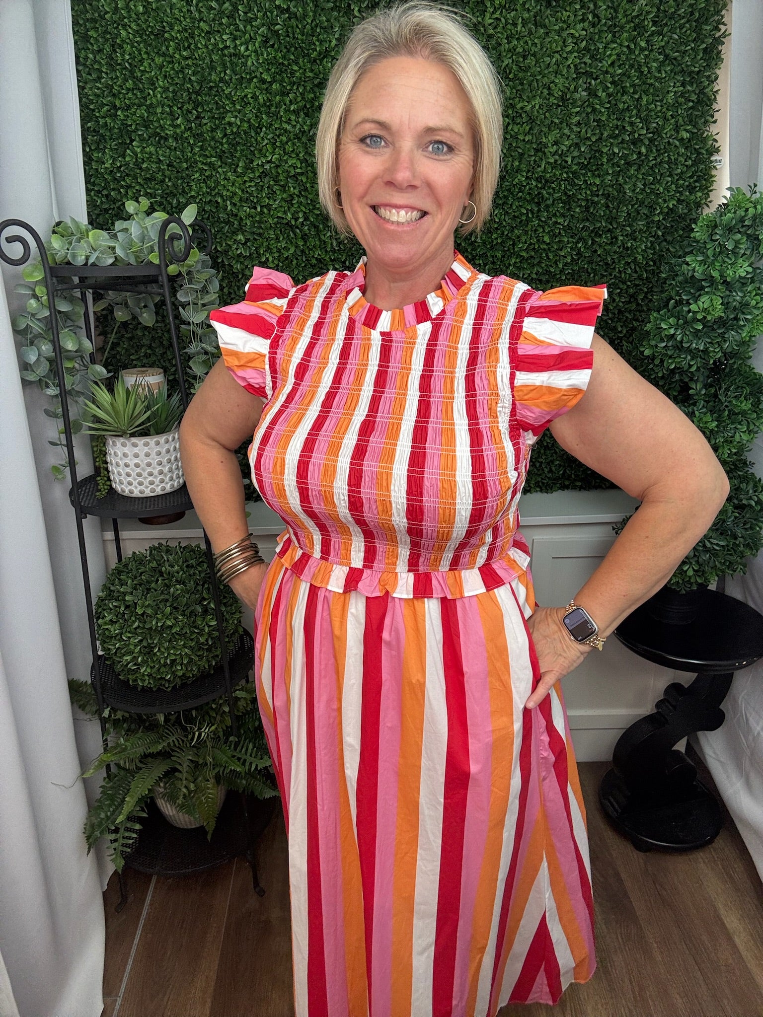 Striped Midi Dress with Ruffle Sleeves and Tie Waist
