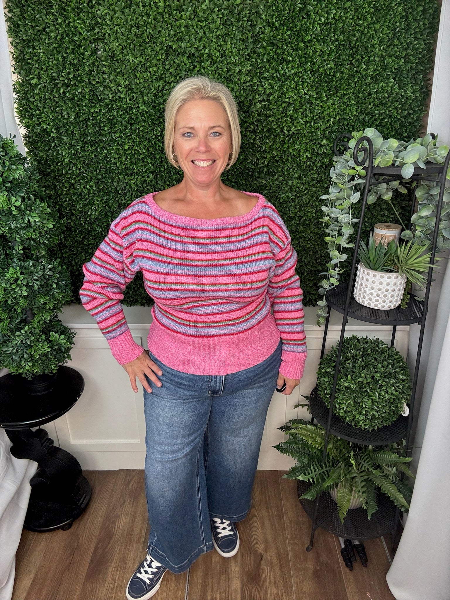 OFF SHOULDER STRIPE HIGH RIB SWEATER - PINK/RED
