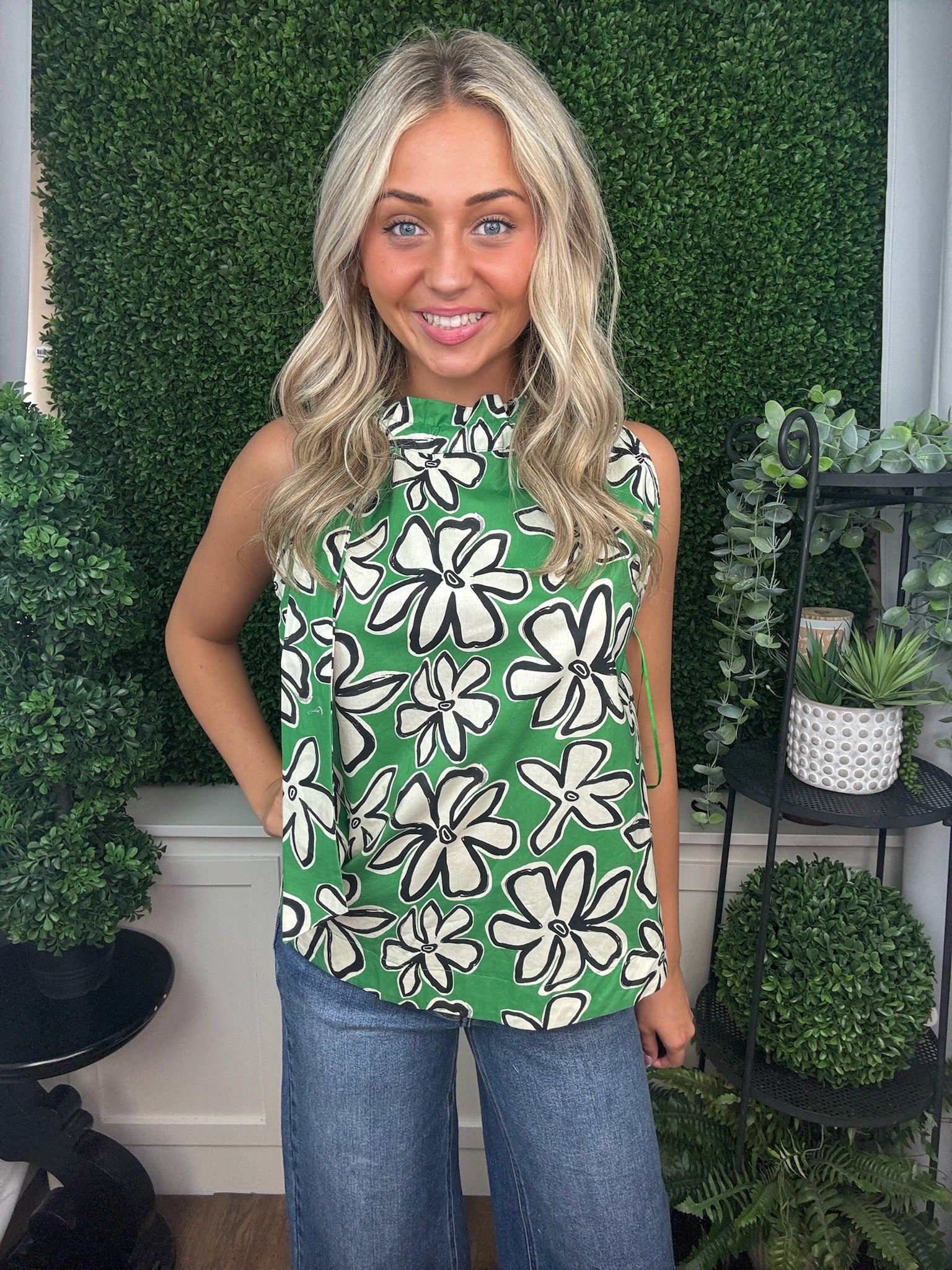 Emerald Bloom Tie-Neck Blouse