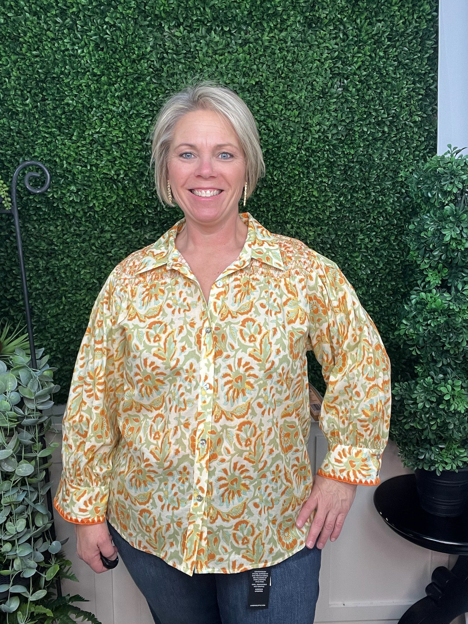 SMOCKED DETAIL BUTTON FRONT TOP - MULTI