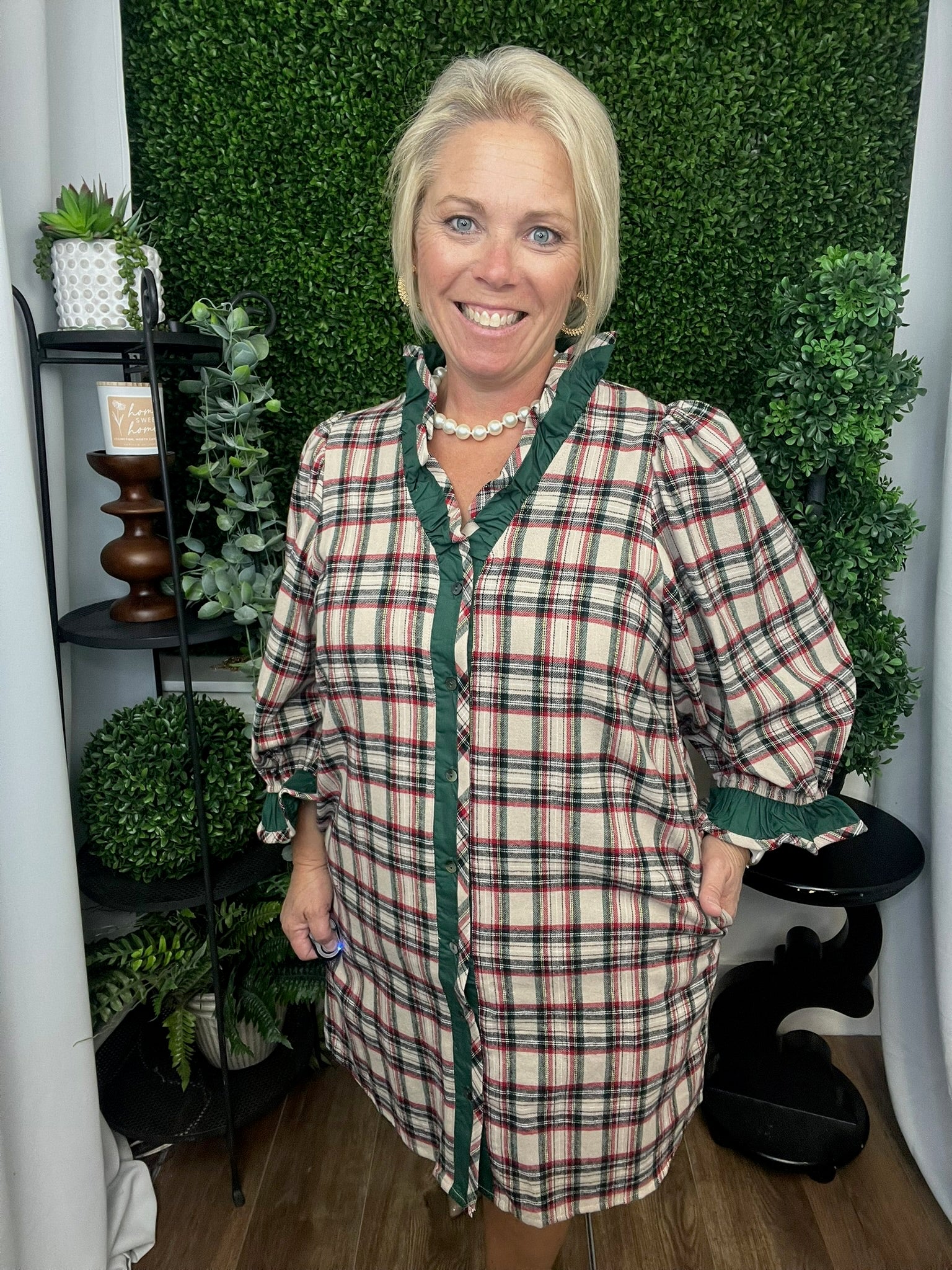 RUFFLE TRIM PLAID MINI DRESS - TAUPE