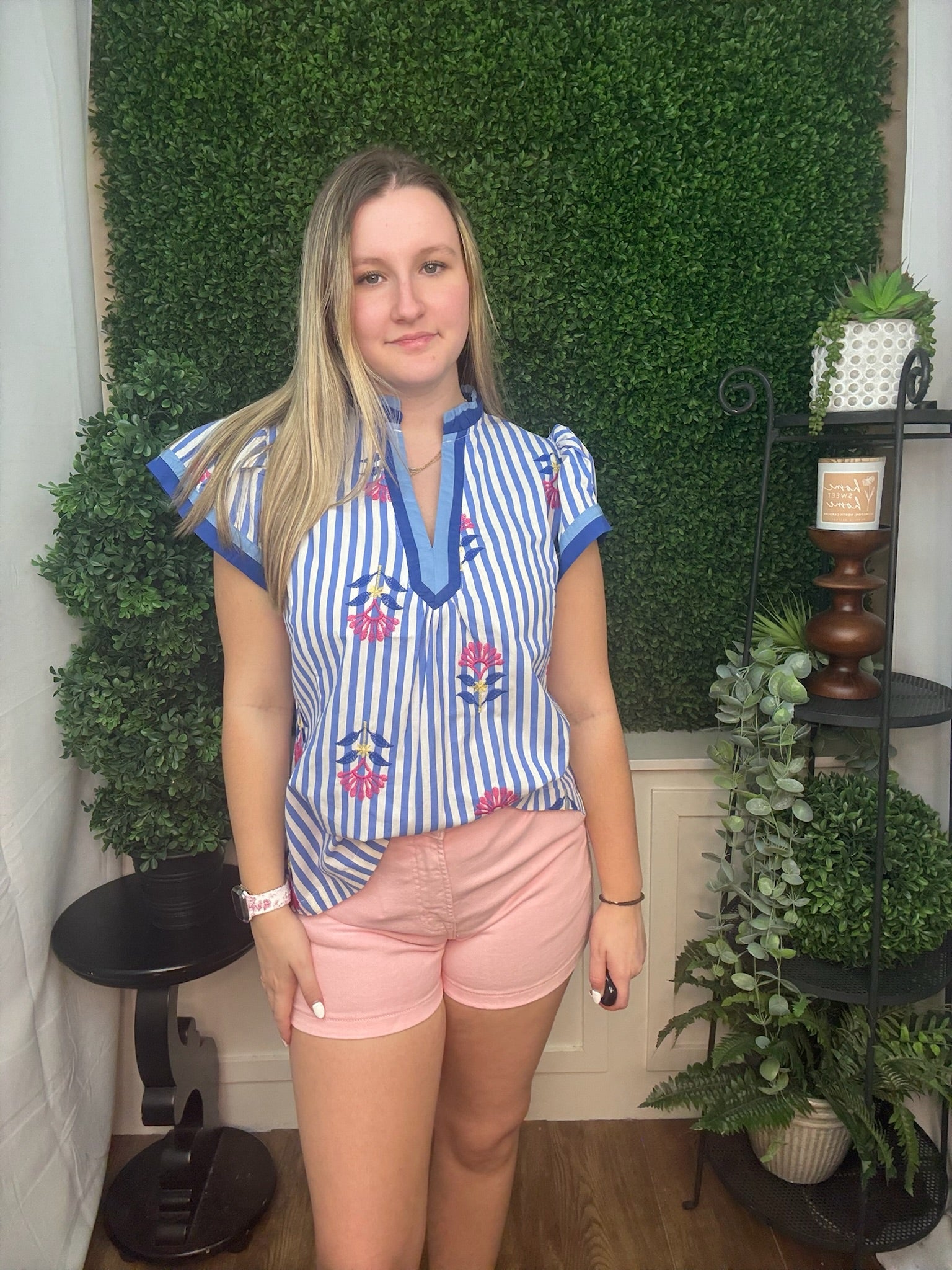 Embroidered Stripe V-Neck Blouse