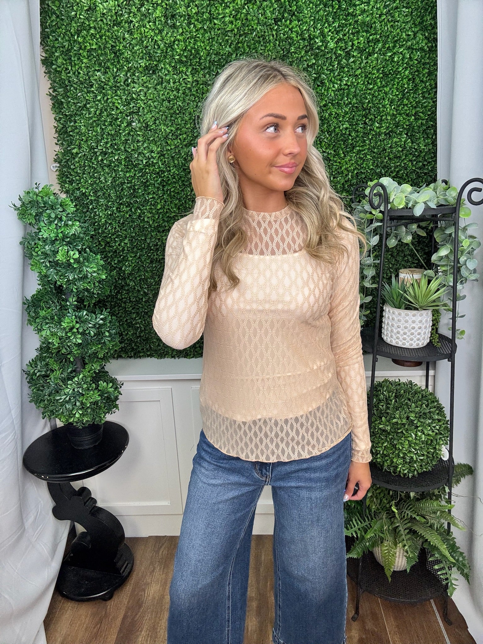 Sheer Textured Long Sleeve Knit Top