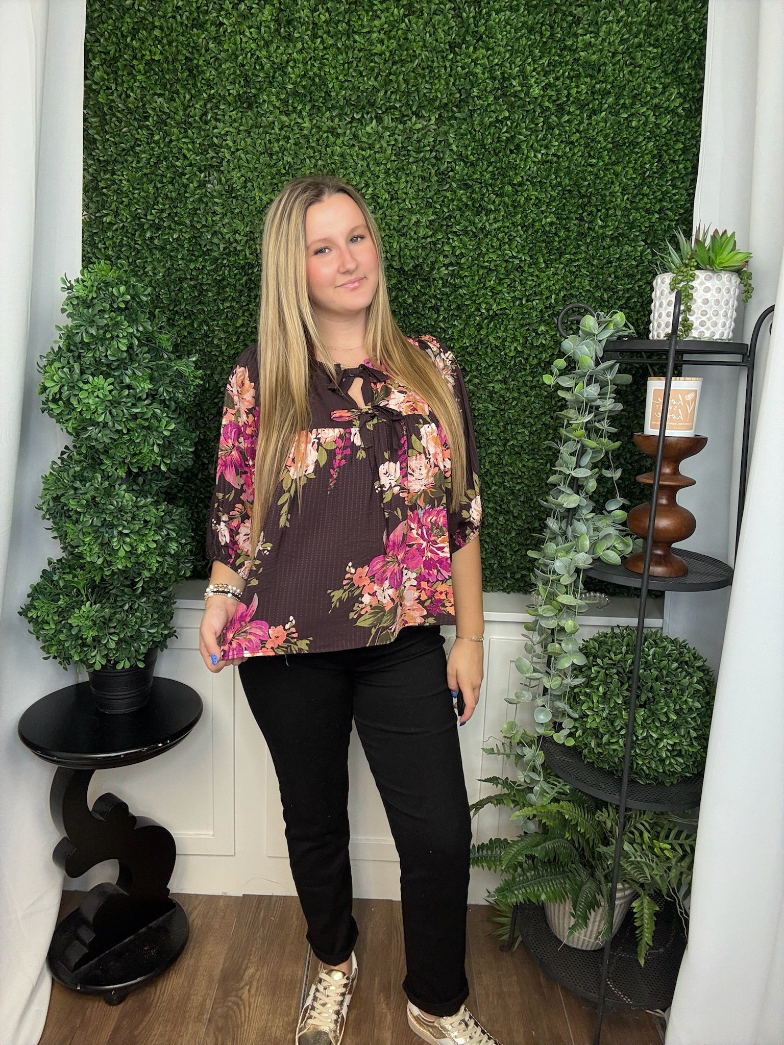 FLORAL PRINTED BATWING SLEEVE FRONT TIE TOP - BROWN MULTI