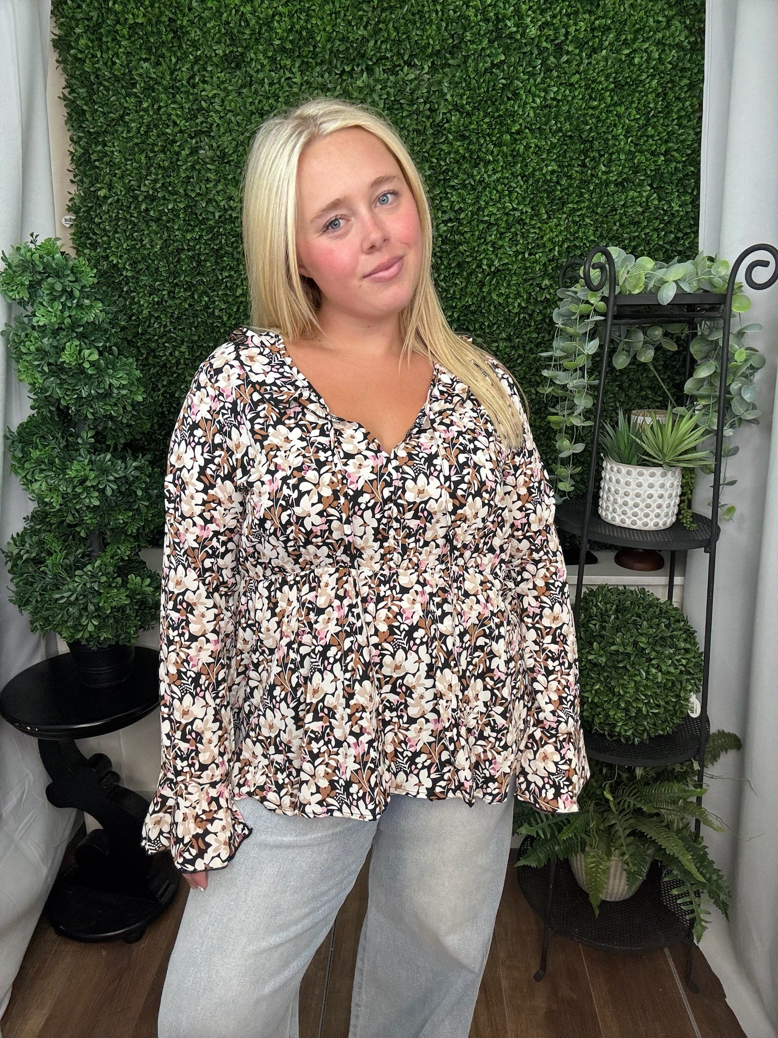Peplum Blouse with Ruffle Detail - Black Floral