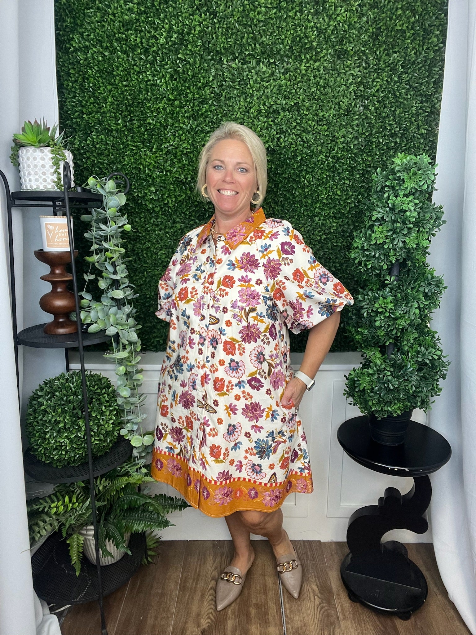 COLLARED BUTTON DOWN FLORAL MINI DRESS - IVORY MULTI