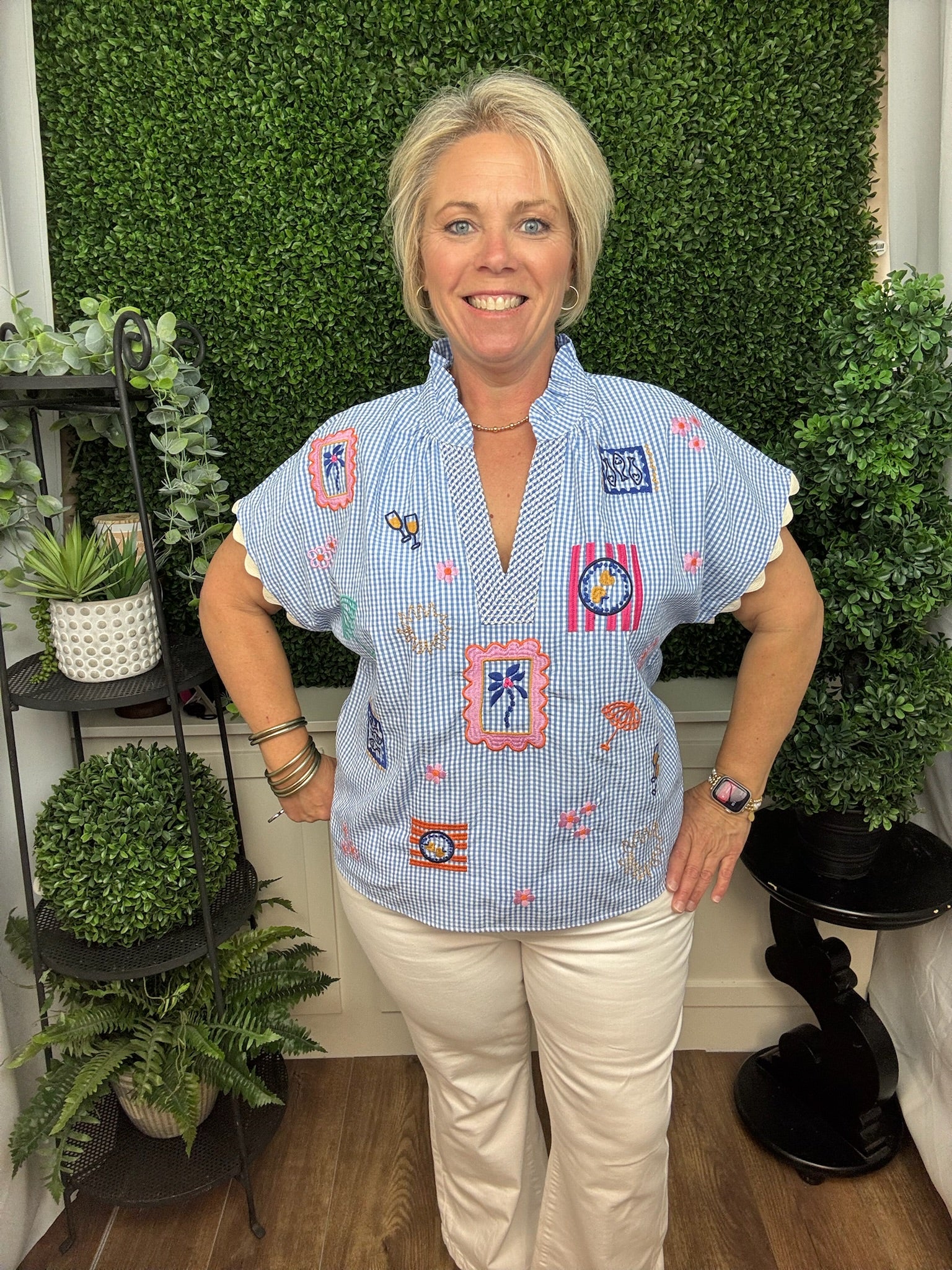 BLUE PINSTRIPE STAMP BLOUSE