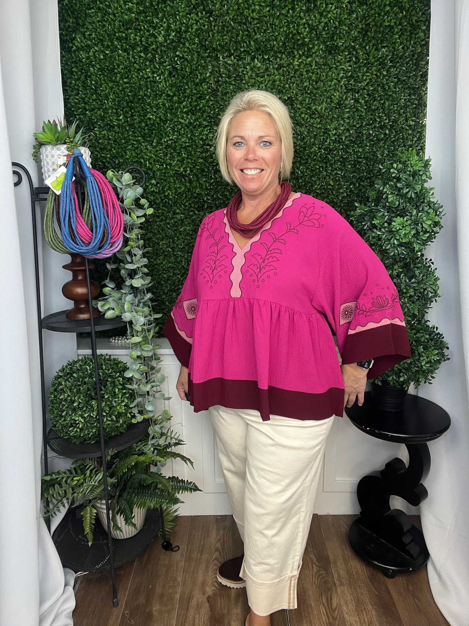 COLORBLOCK AIR FLOW OVERSIZED PEASANT BLOUSE - FUCHSIA COMBO