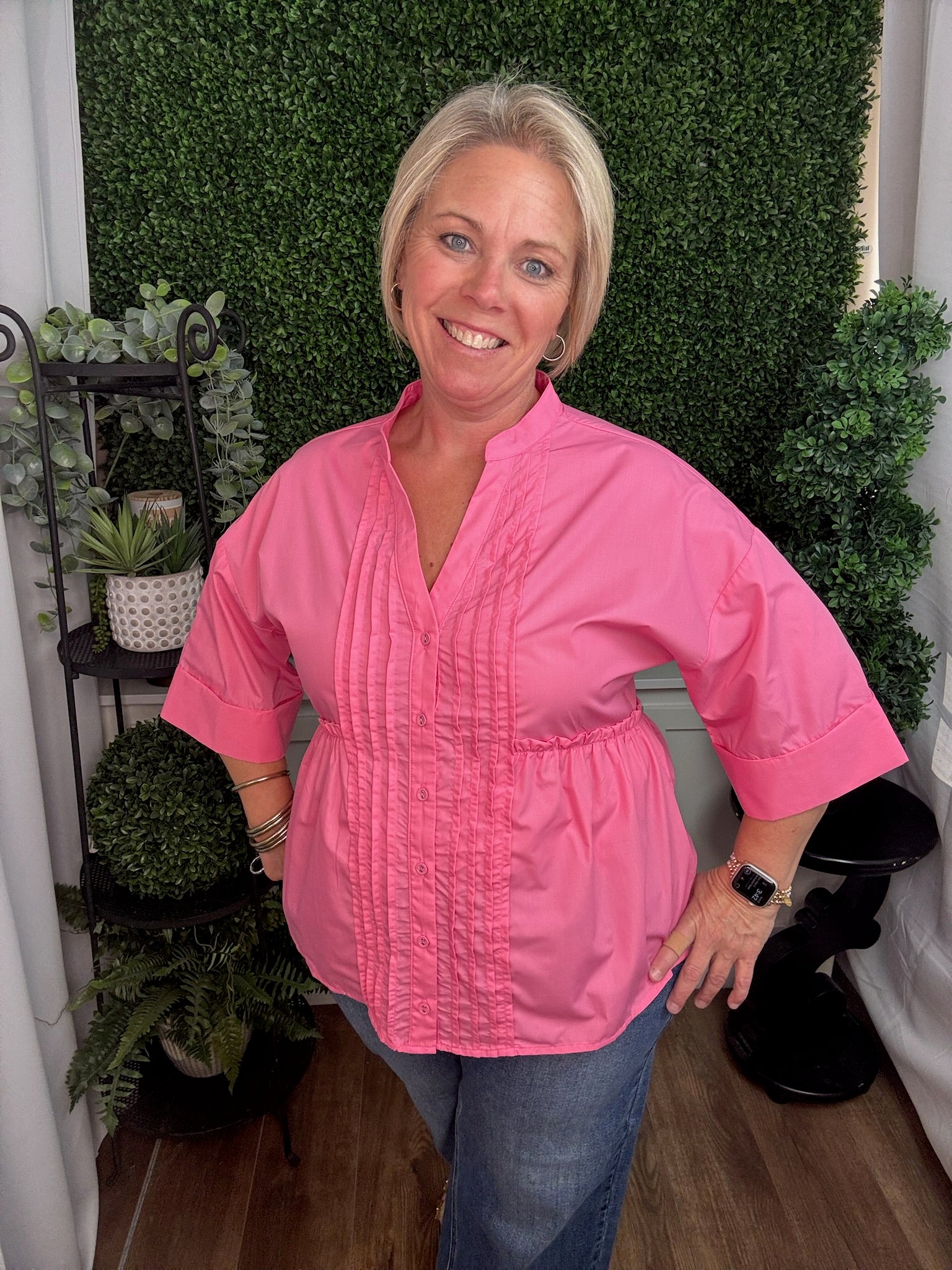 Blush Pleated Peplum Button Blouse