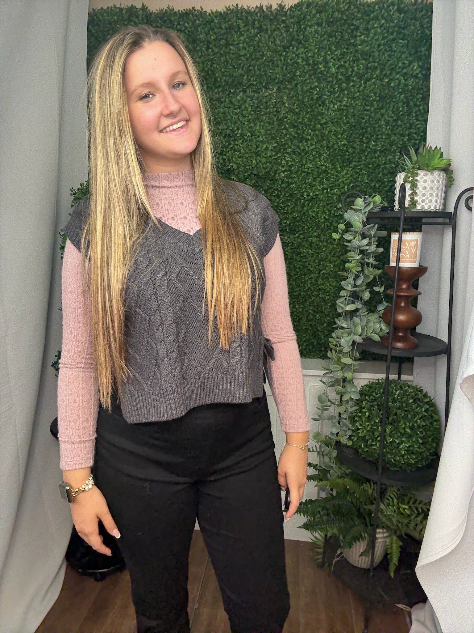 CABLE KNIT VNECK SIDE TIE SWEATER VEST - CHARCOAL