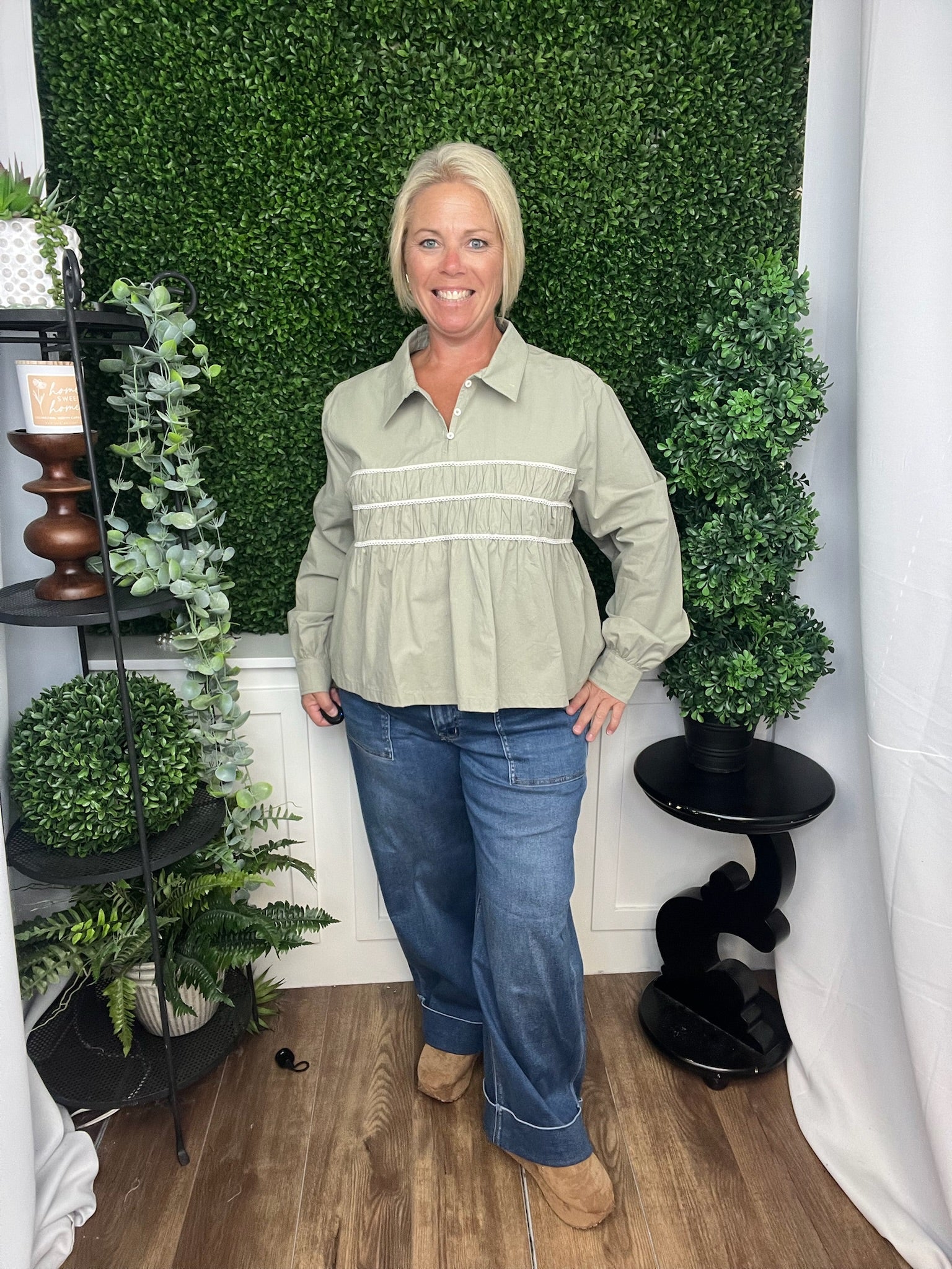 PEPLUM TRIM DETAIL SHIRT - MINT/ECRU