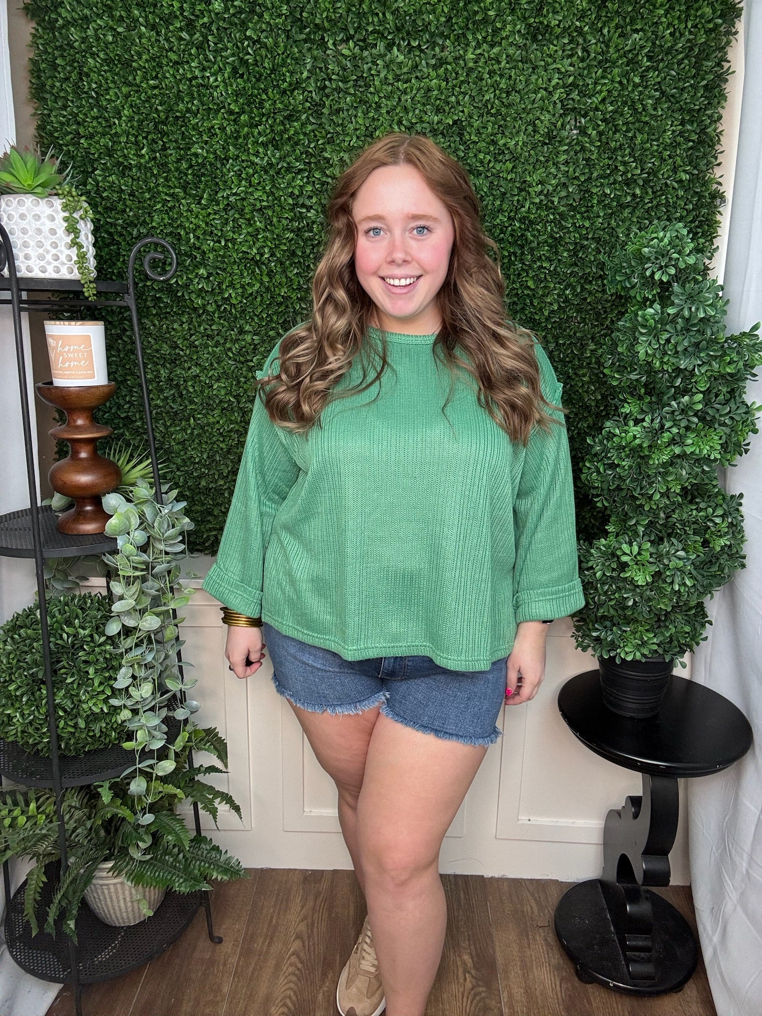 3/4 FOLDED SLEEVE KNIT TOP - GREEN