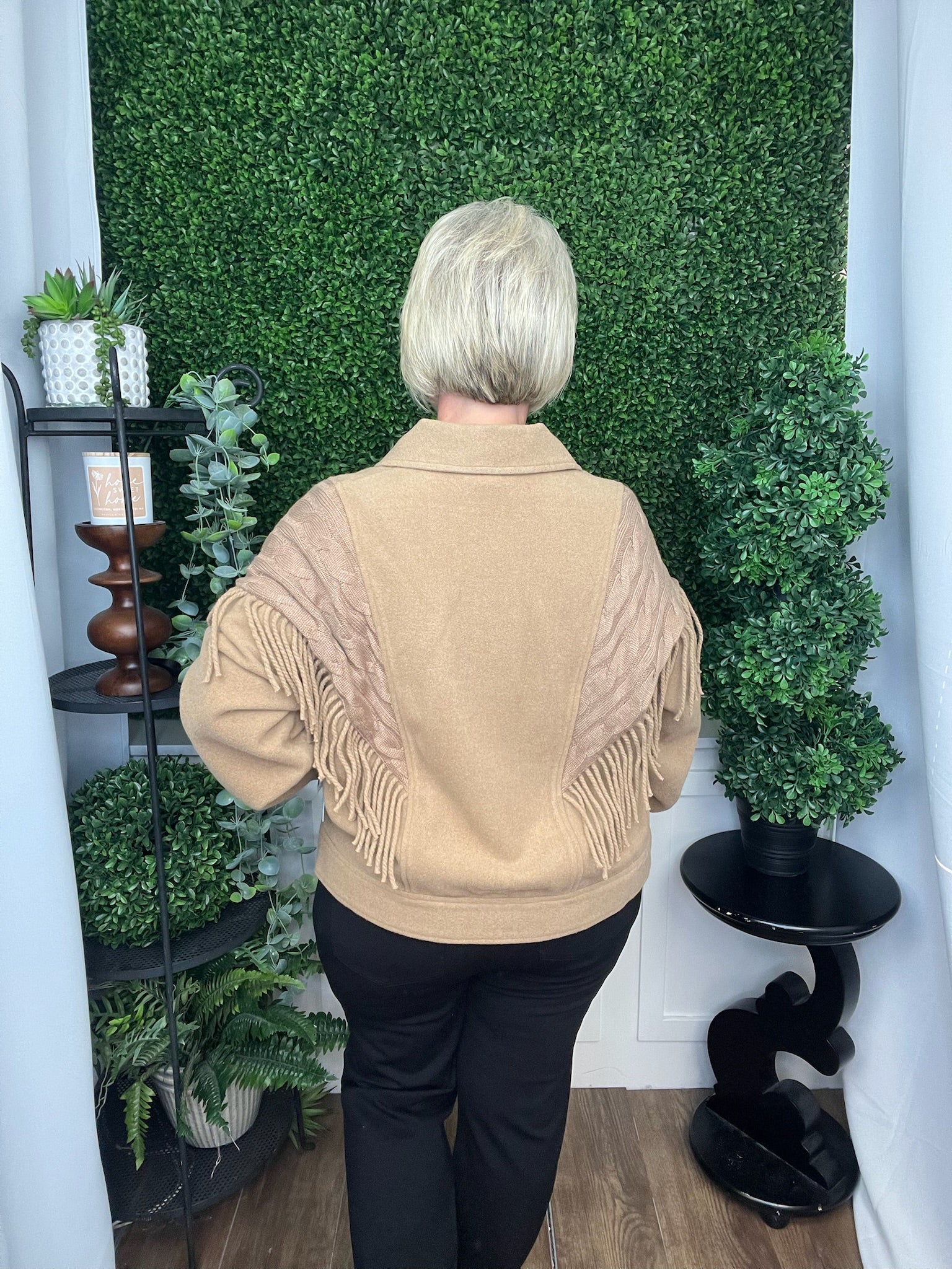 BUTTON FRONT FRINGE & KNIT DETAILS JACKET - BISCOTTI