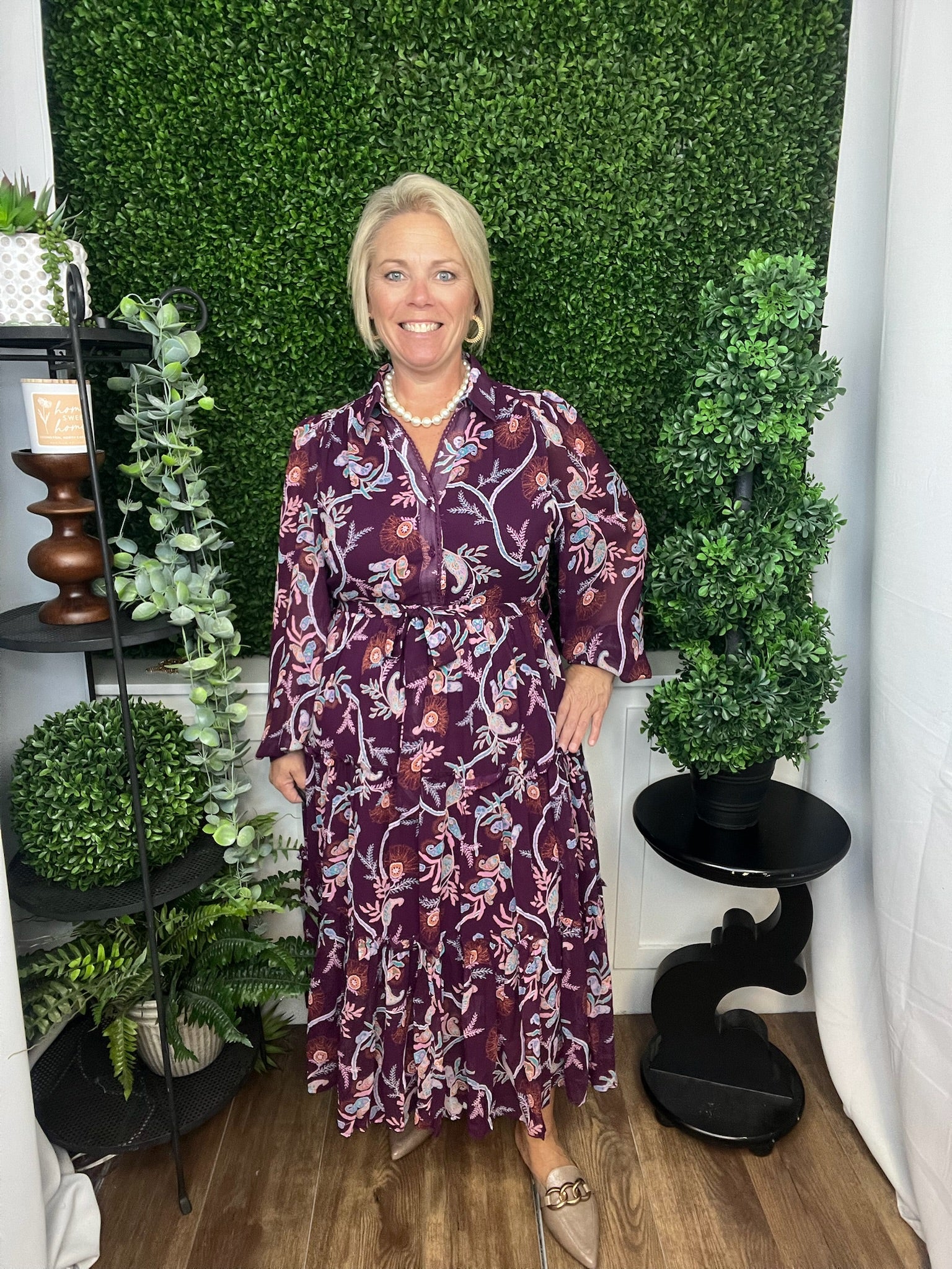 PAISLEY PRINT COLLAR NECK DRESS - PLUM