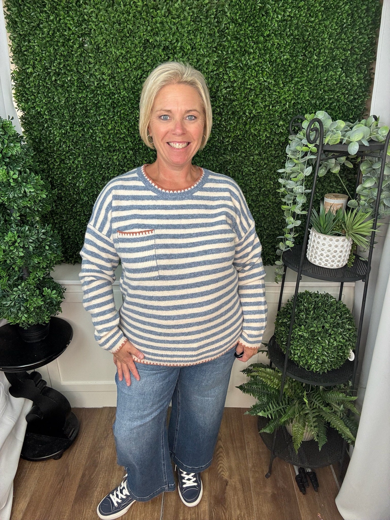 Striped Knit Sweater with Contrast Trim Pocket