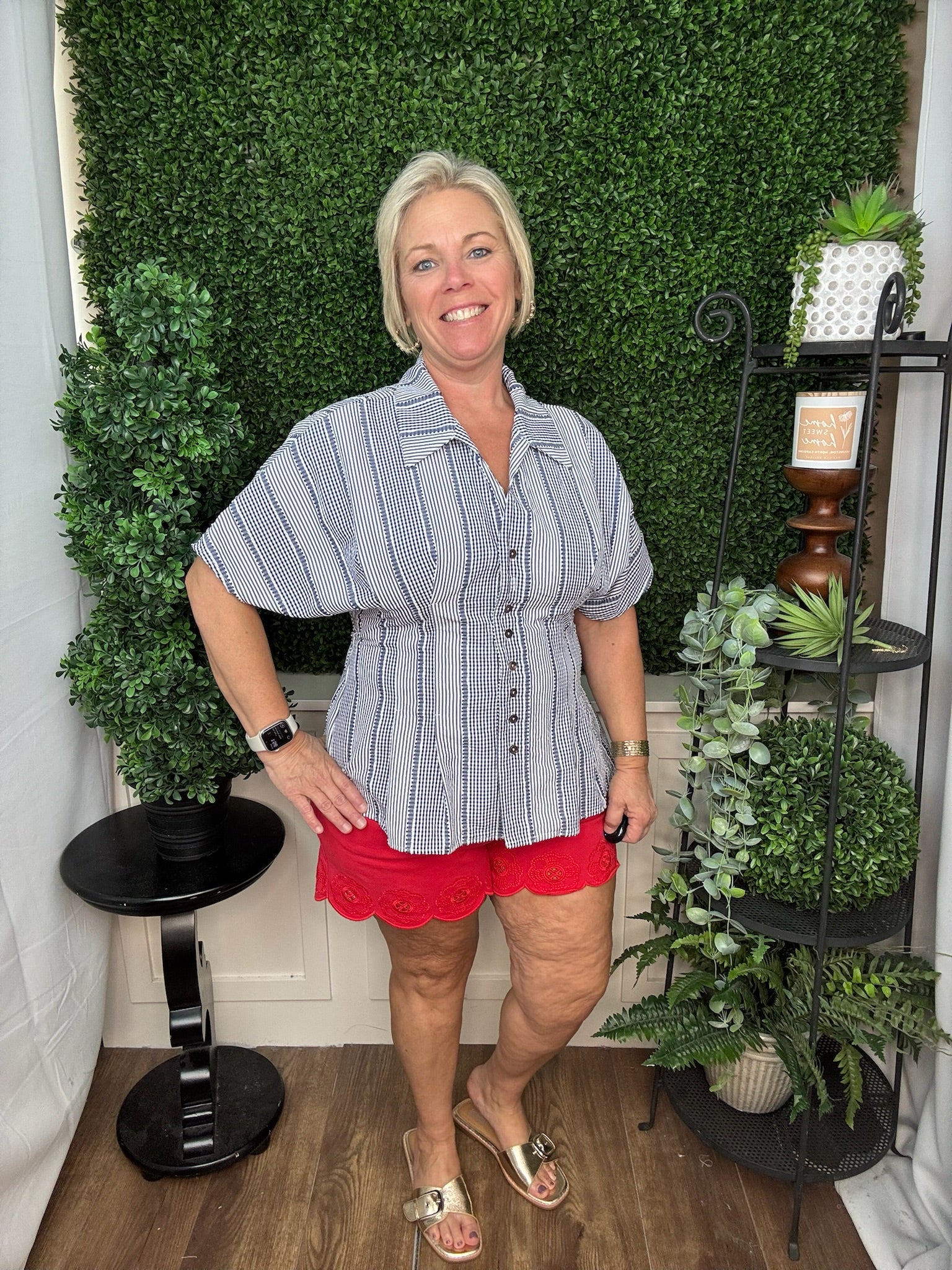 SS STRIPES GINGHAM BUTTON UP TOP - NAVY