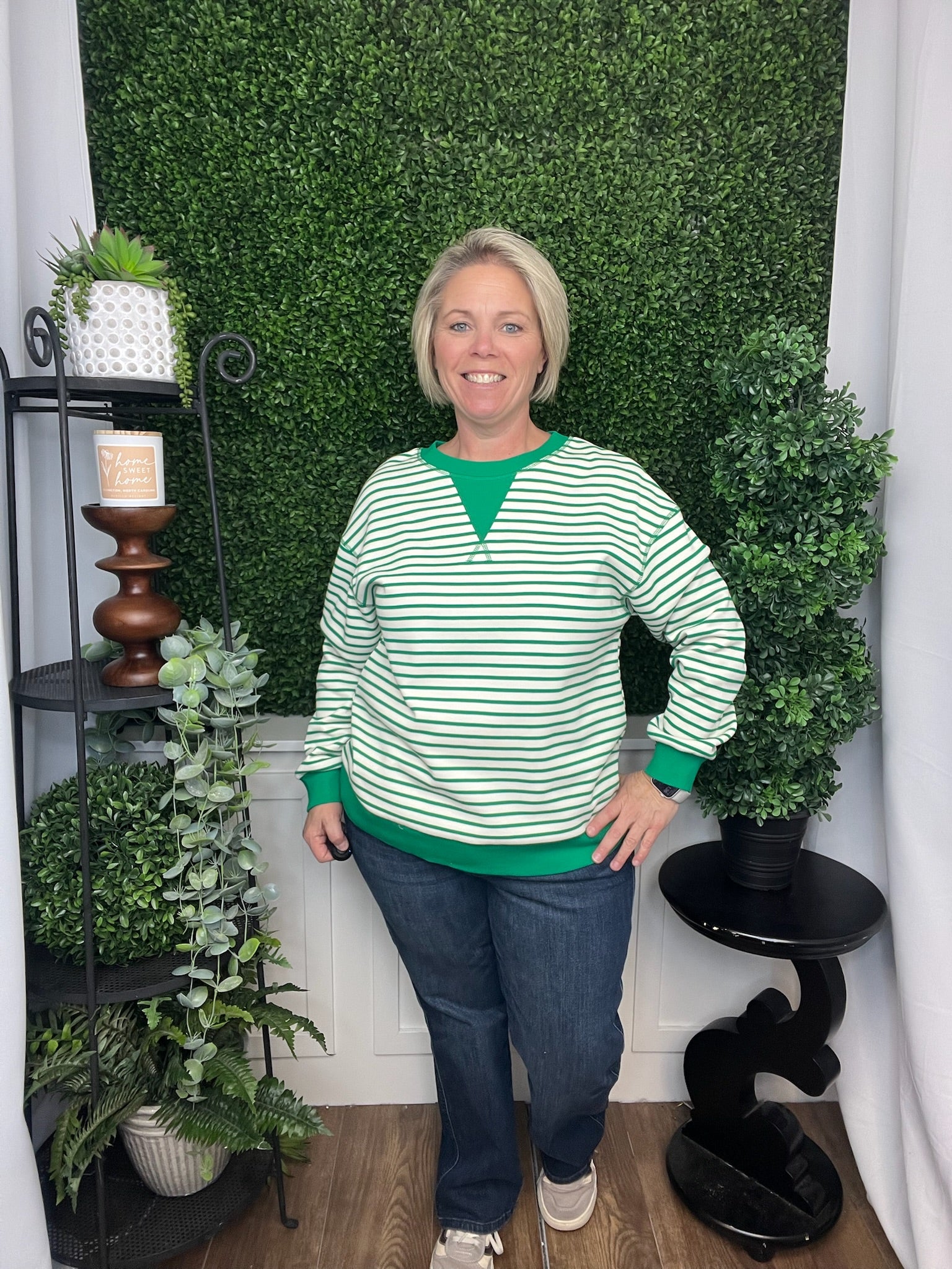 STRIPED ROUND NECK LONG SLEEVE TOP - MISSY GREEN