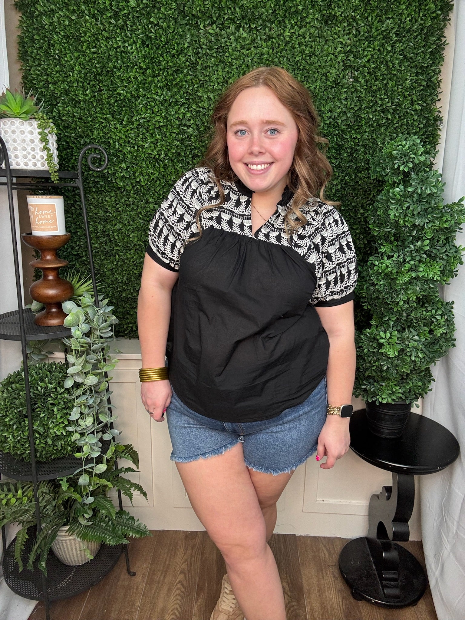 Embroidered Yoke Puff Sleeve Blouse