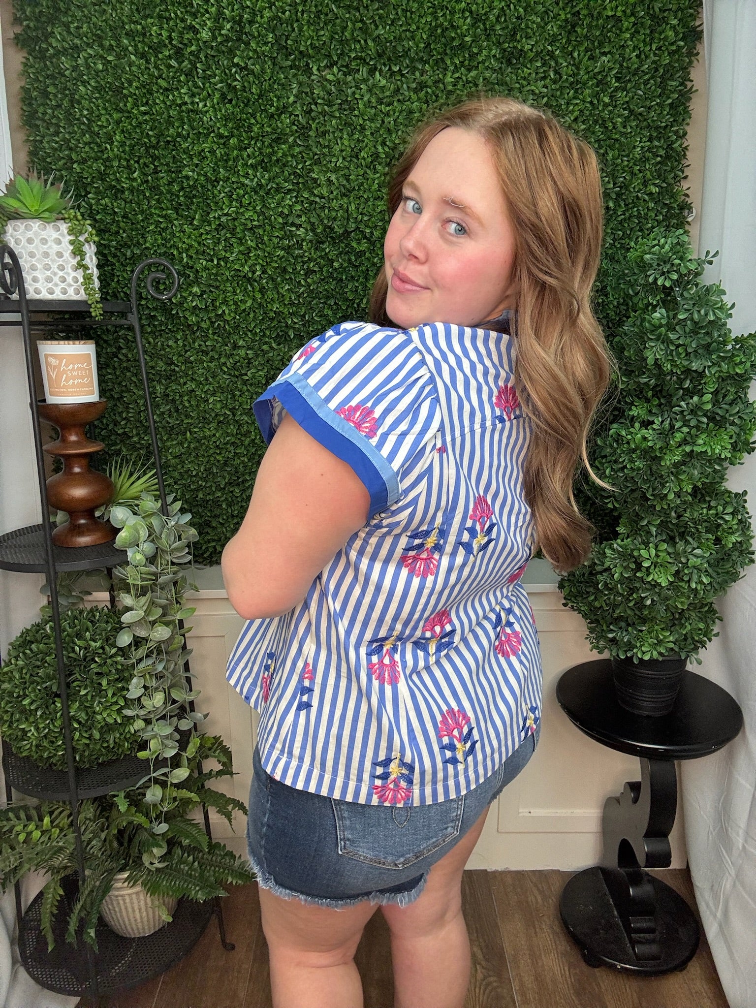 Embroidered Stripe V-Neck Blouse