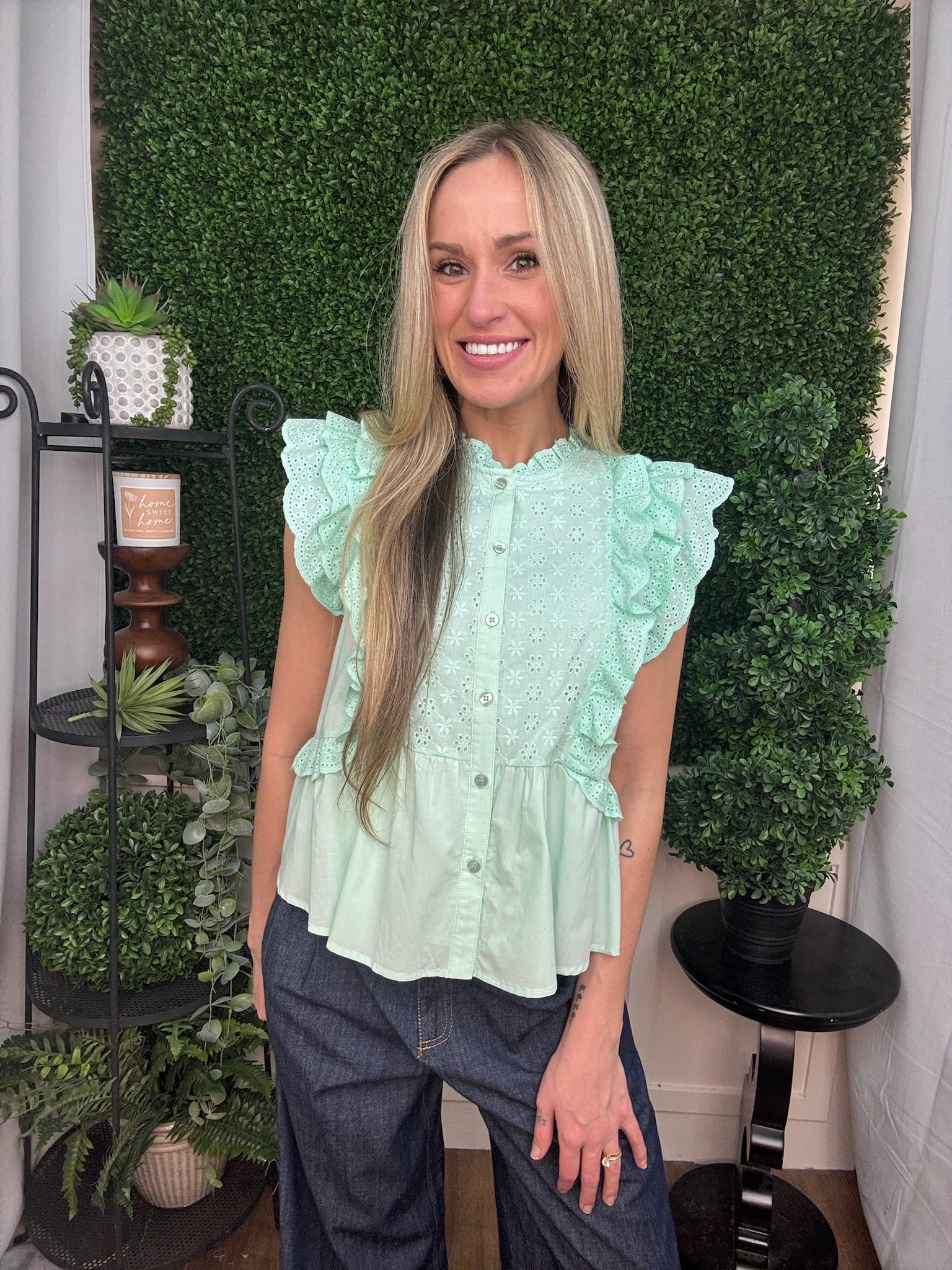 Mint Eyelet Ruffle Sleeve Blouse