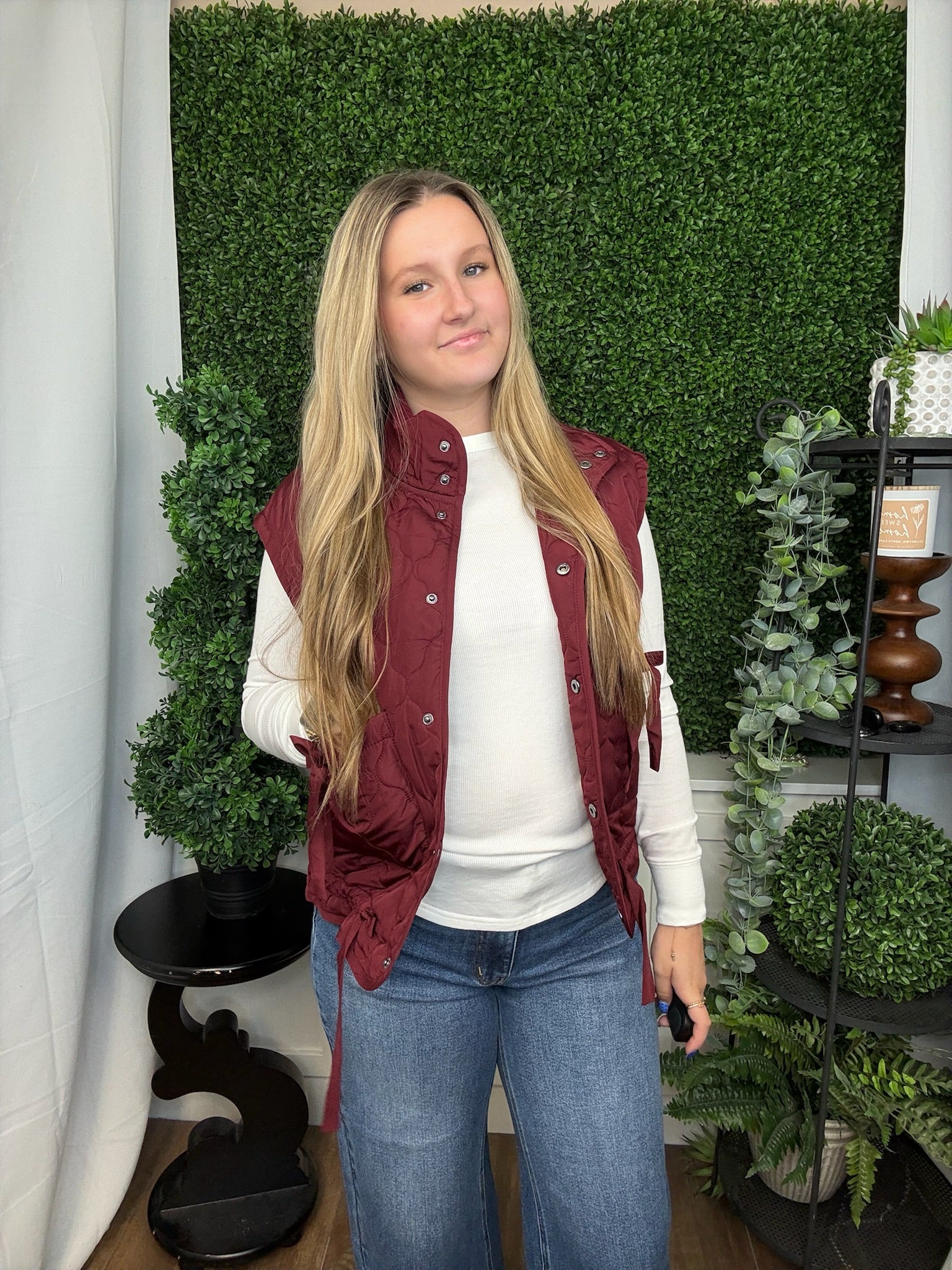 TIE DETAIL SNAP DOWN QUILTED PUFFER VEST