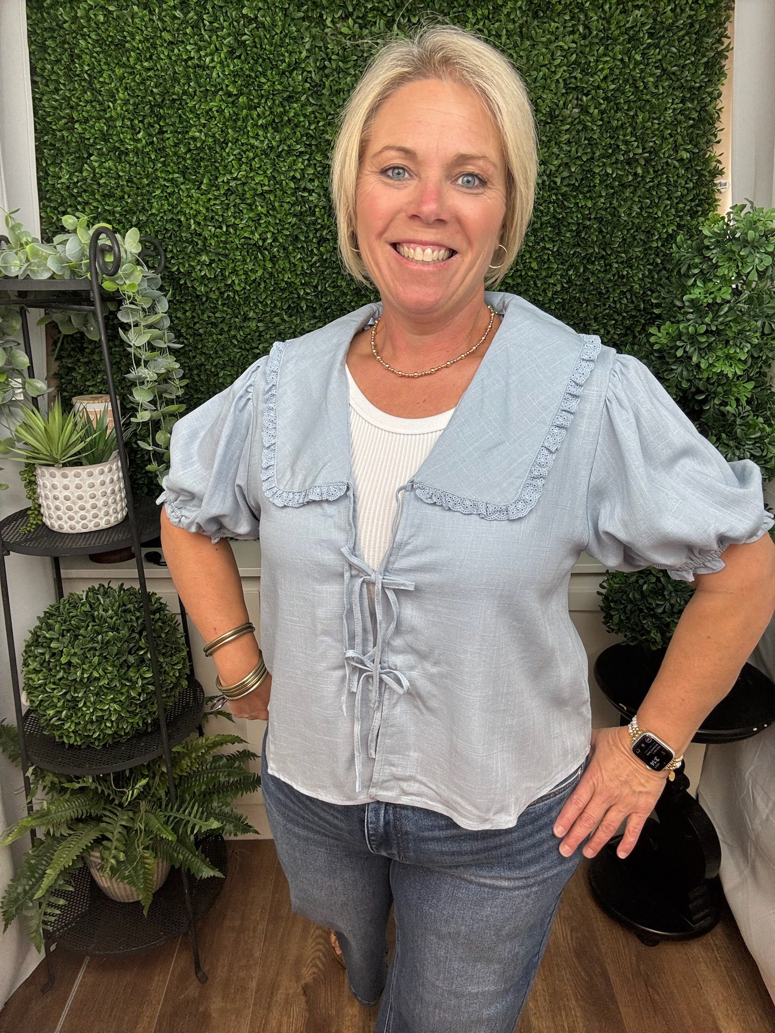 LINEN TIE FRONT LACE TRIM BLOUSE SKY