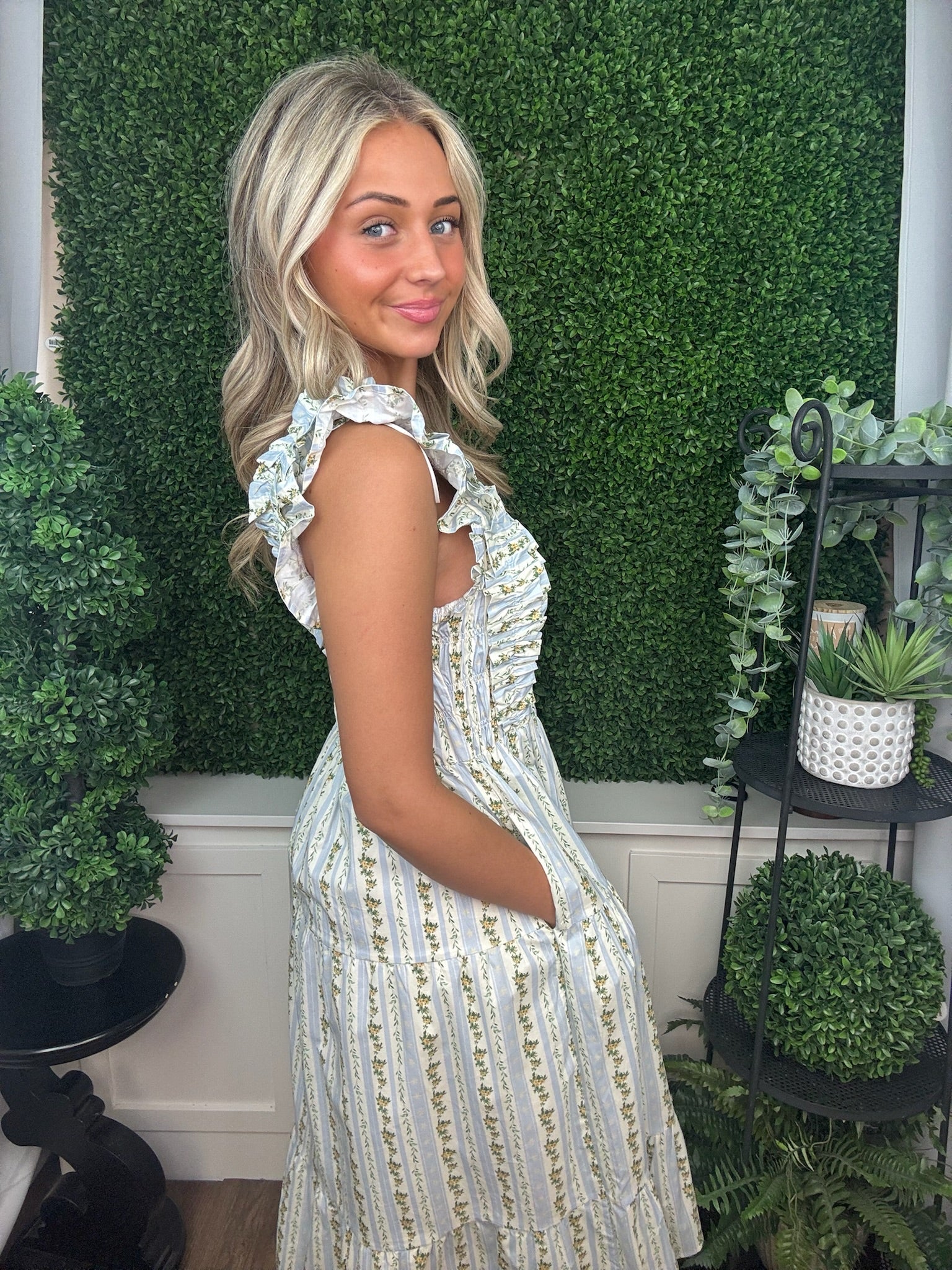 Vintage-Inspired Floral Smocked Midi Dress with Ruffle Strap Detail
