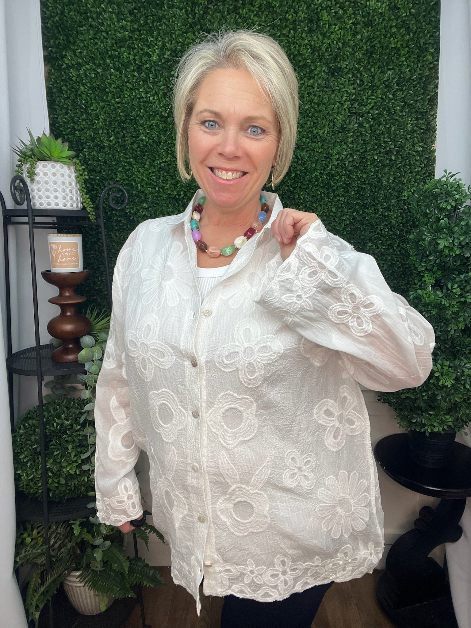 CHARLENE BUTTON FRONT EMBROIDERED TOP - WHITE