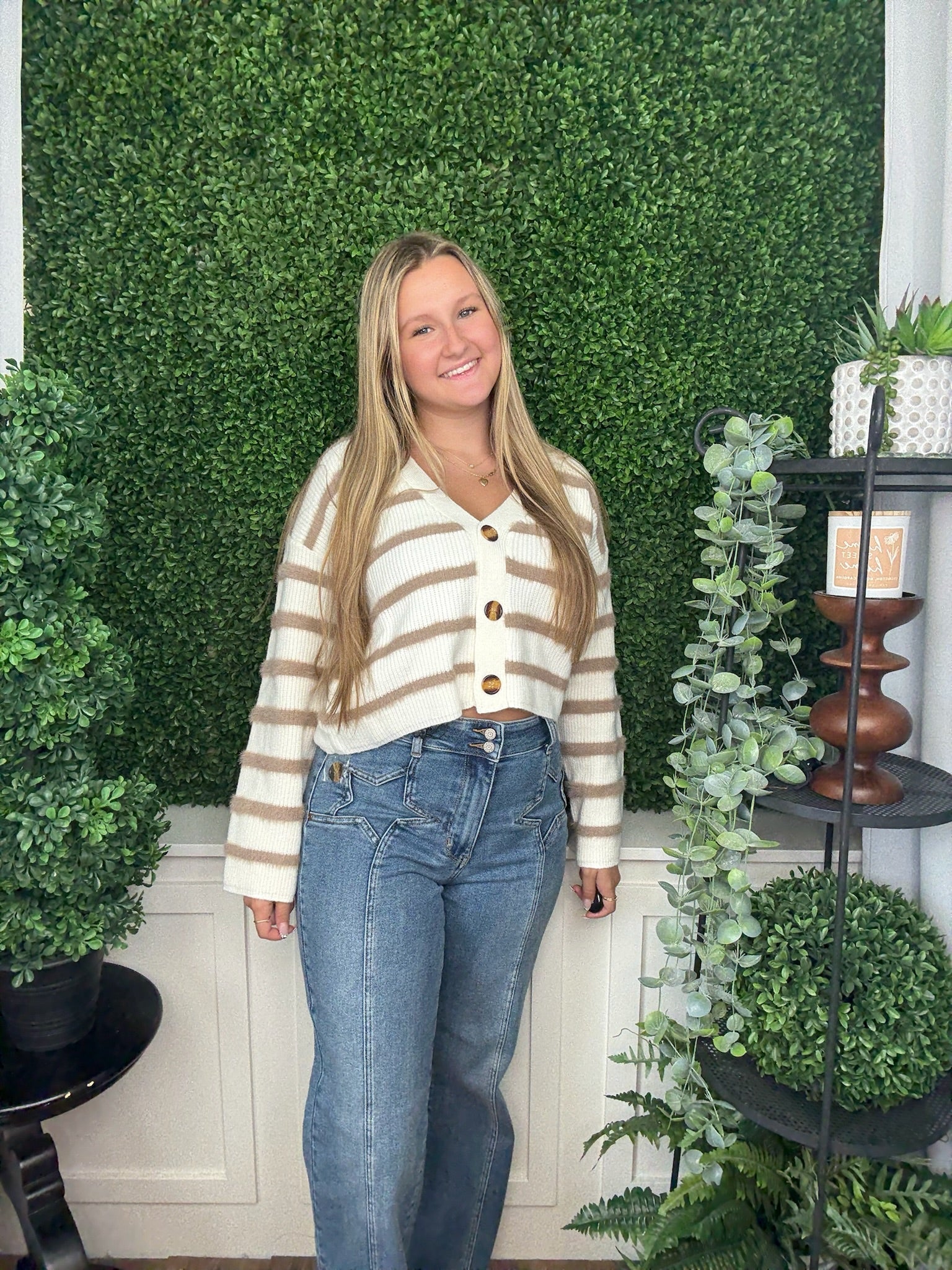 STRIPED BUTTON FRONT LS CARDIGAN - IVORY/TAUPE